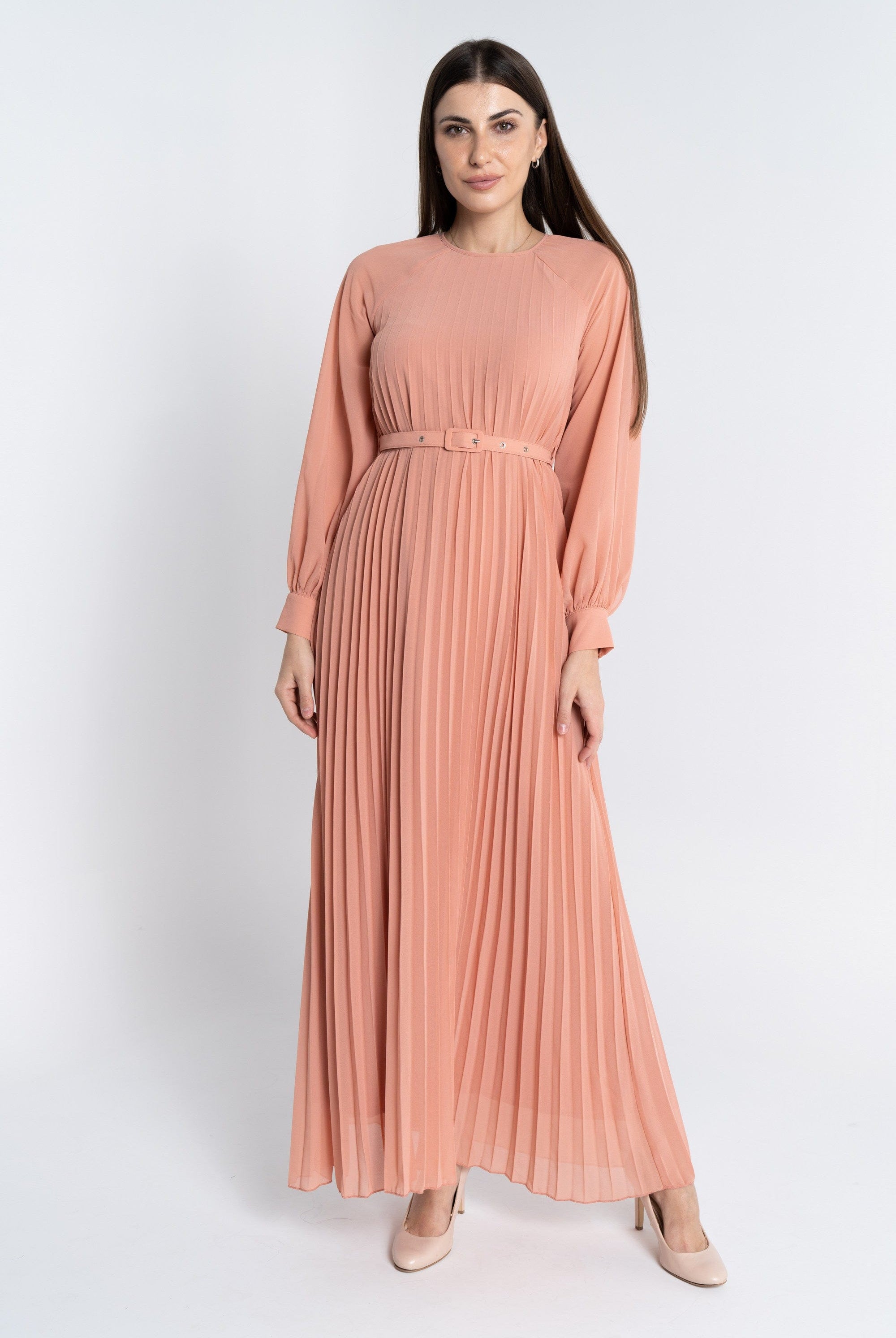 نتشي فستان ماكسي بليسيه من أسفل بحزام على الخصر كم طويل بف نسائي