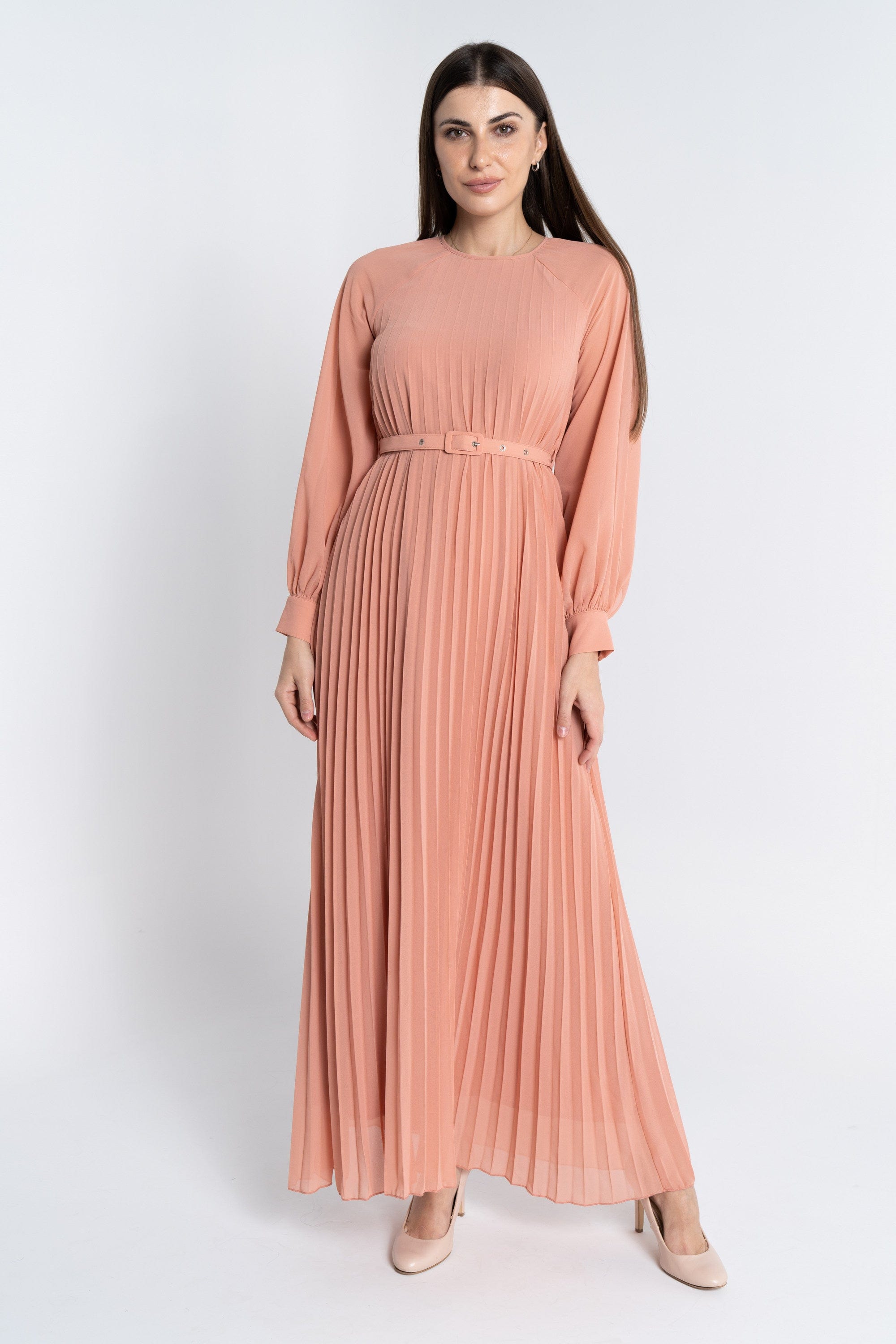 نتشي فستان ماكسي بليسيه من أسفل بحزام على الخصر كم طويل بف نسائي