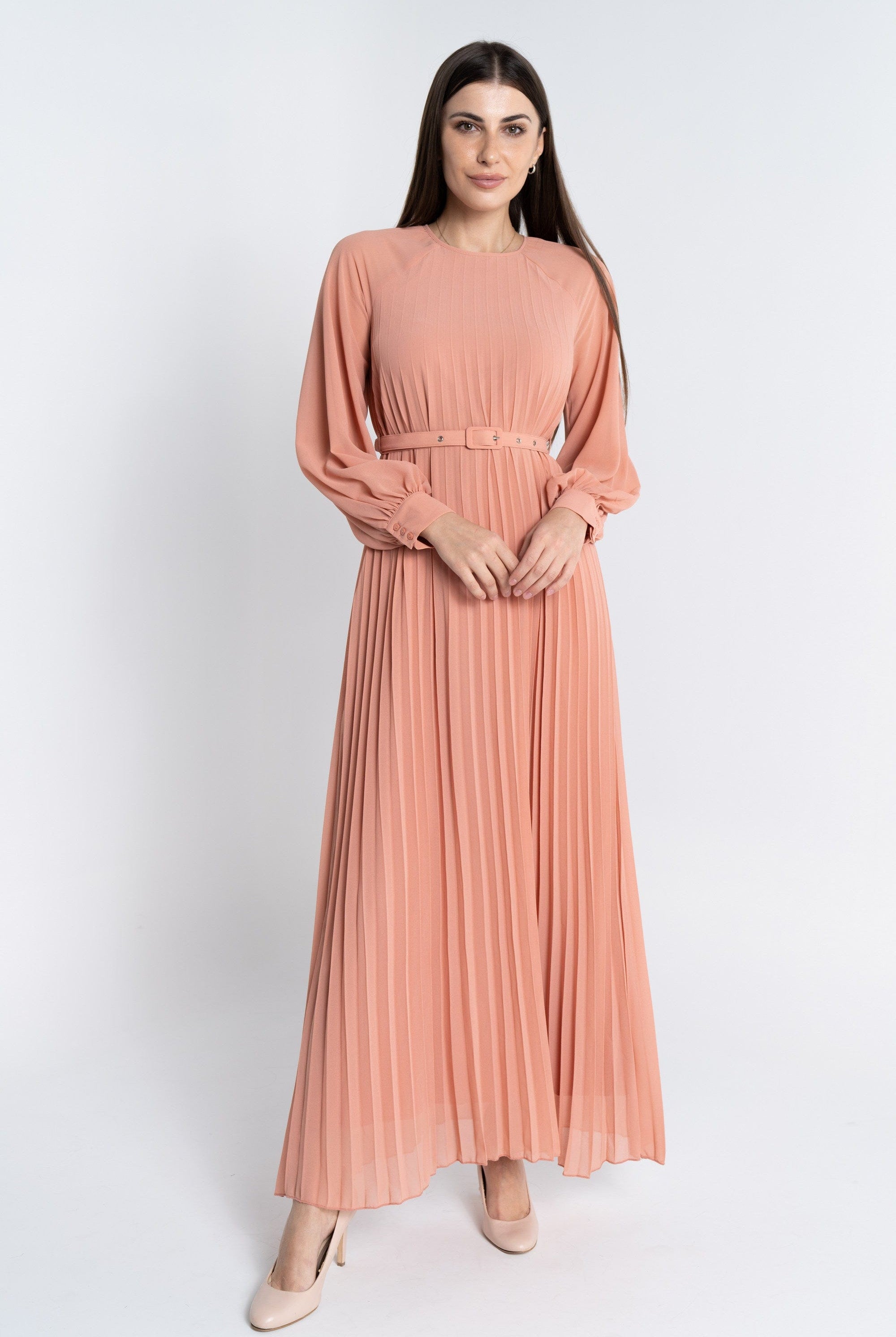 نتشي فستان ماكسي بليسيه من أسفل بحزام على الخصر كم طويل بف نسائي