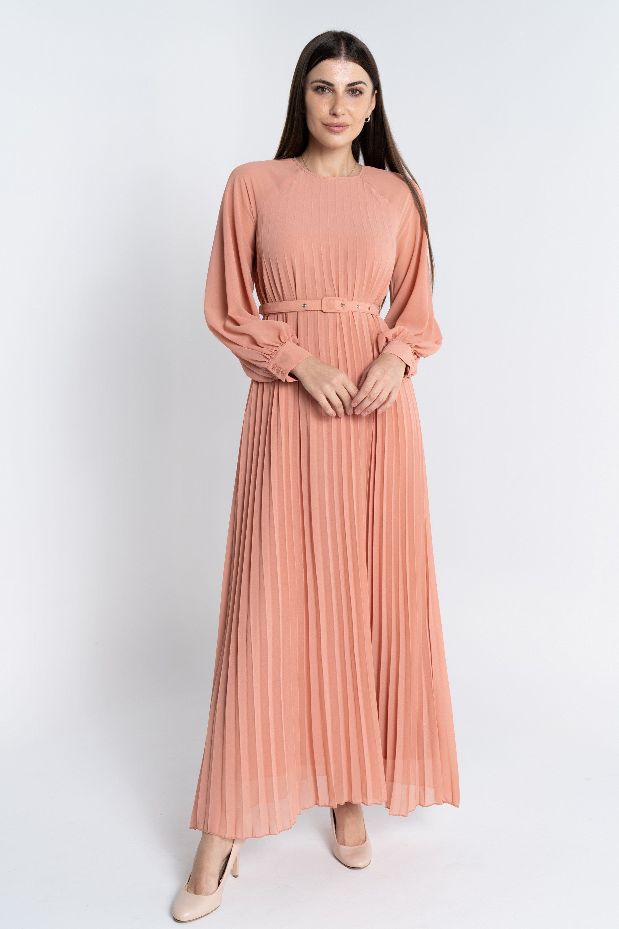 نتشي فستان ماكسي بليسيه من أسفل بحزام على الخصر كم طويل بف نسائي