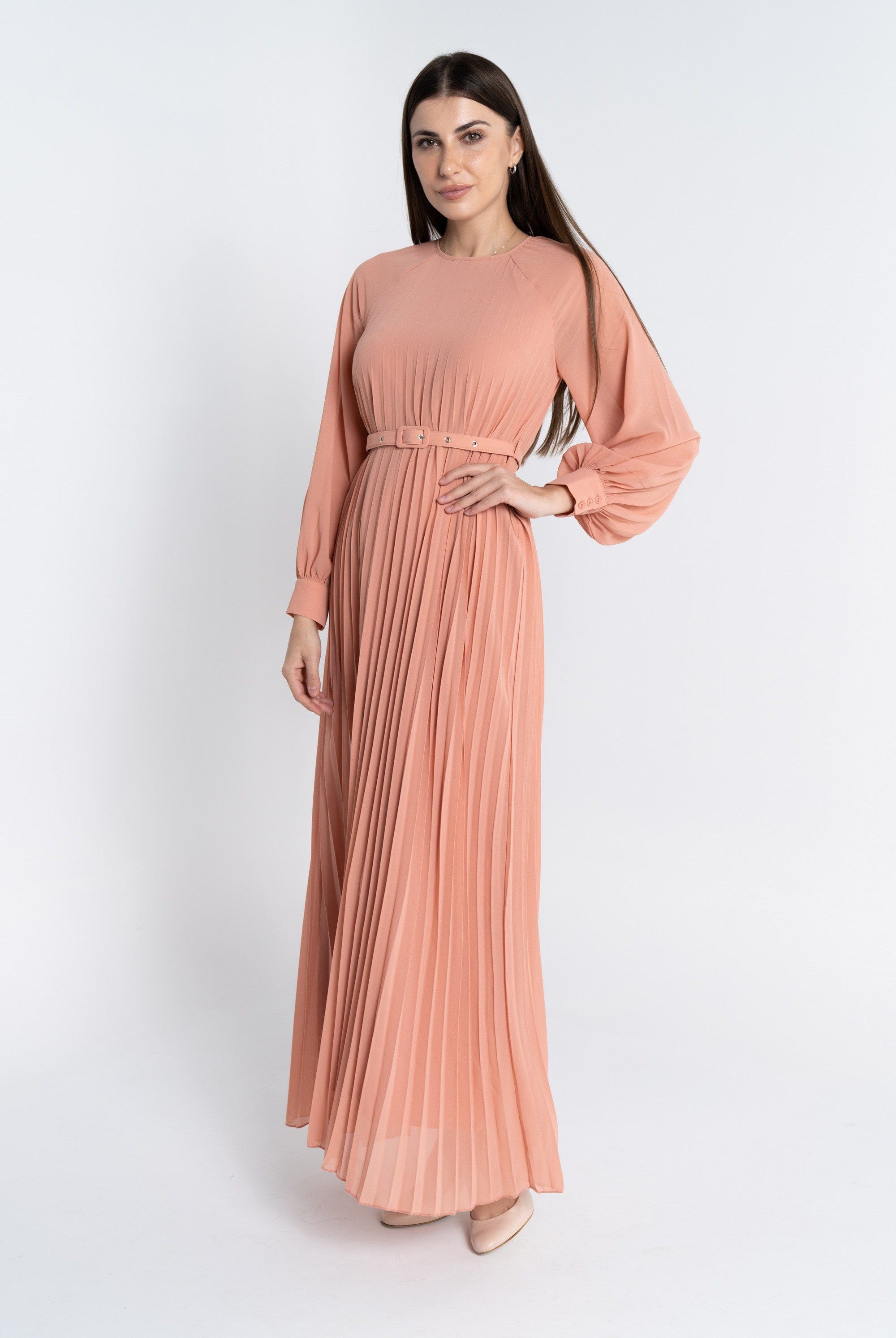 نتشي فستان ماكسي بليسيه من أسفل بحزام على الخصر كم طويل بف نسائي