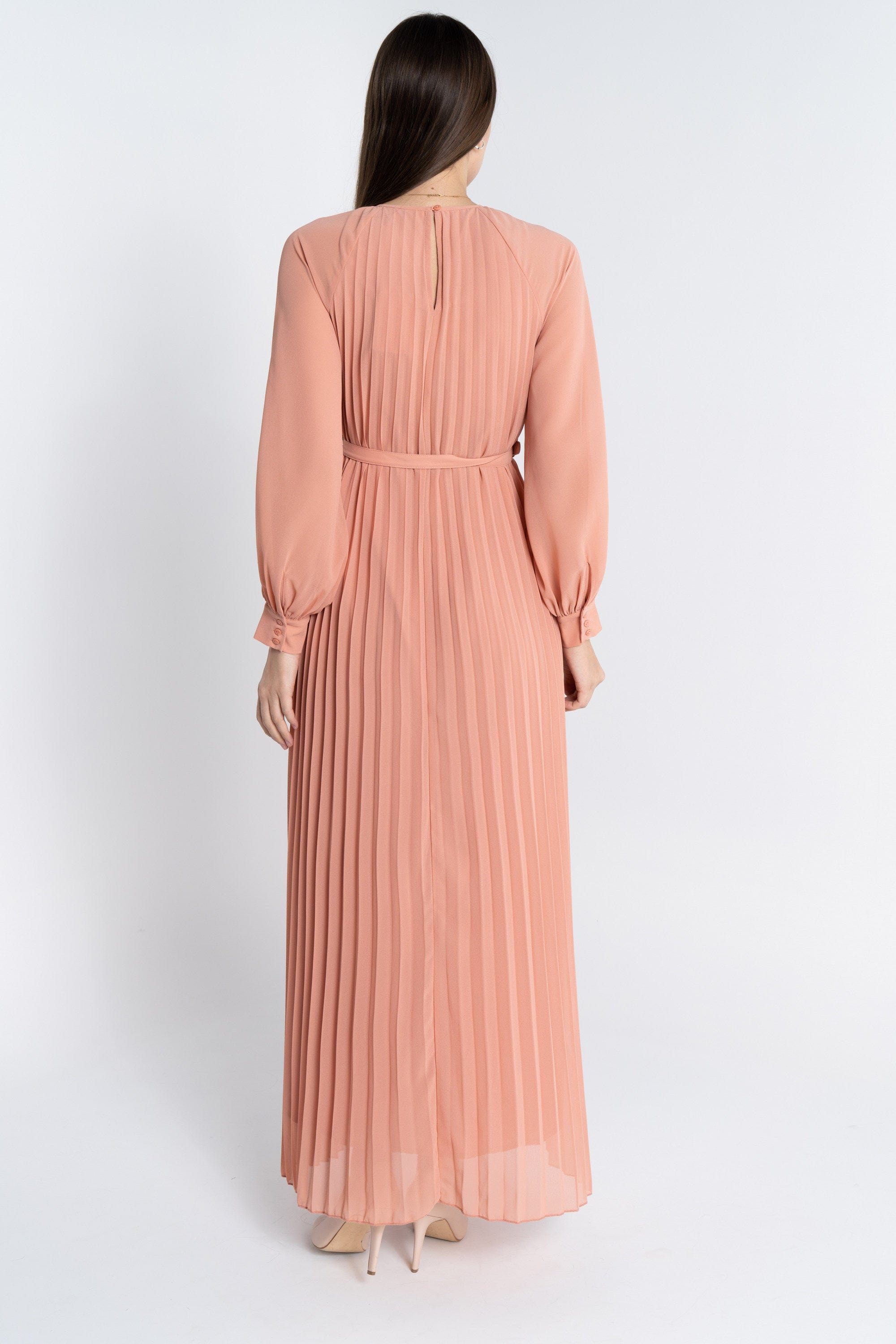 نتشي فستان ماكسي بليسيه من أسفل بحزام على الخصر كم طويل بف نسائي