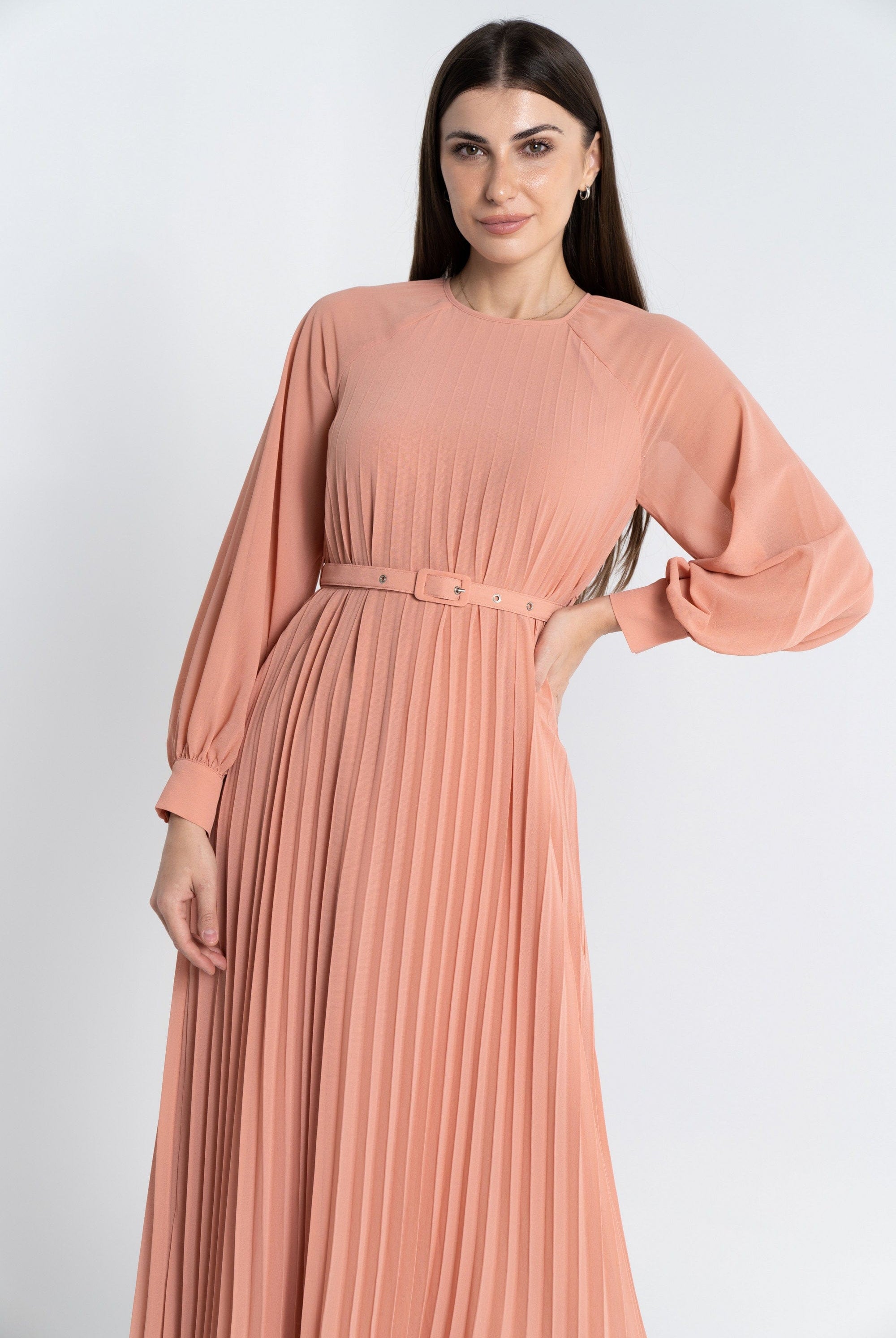 نتشي فستان ماكسي بليسيه من أسفل بحزام على الخصر كم طويل بف نسائي