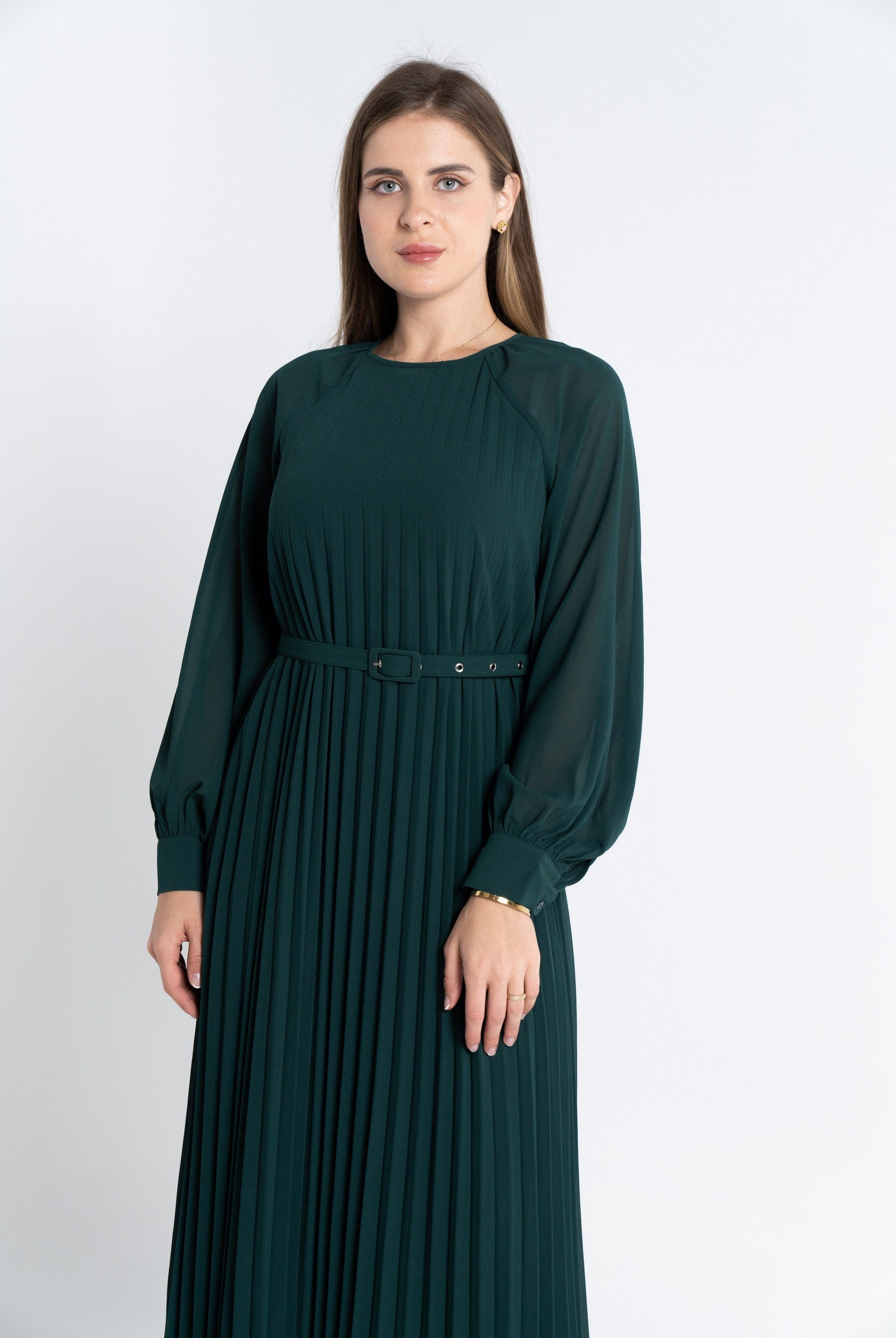 نتشي فستان ماكسي بليسيه من أسفل بحزام على الخصر كم طويل بف نسائي