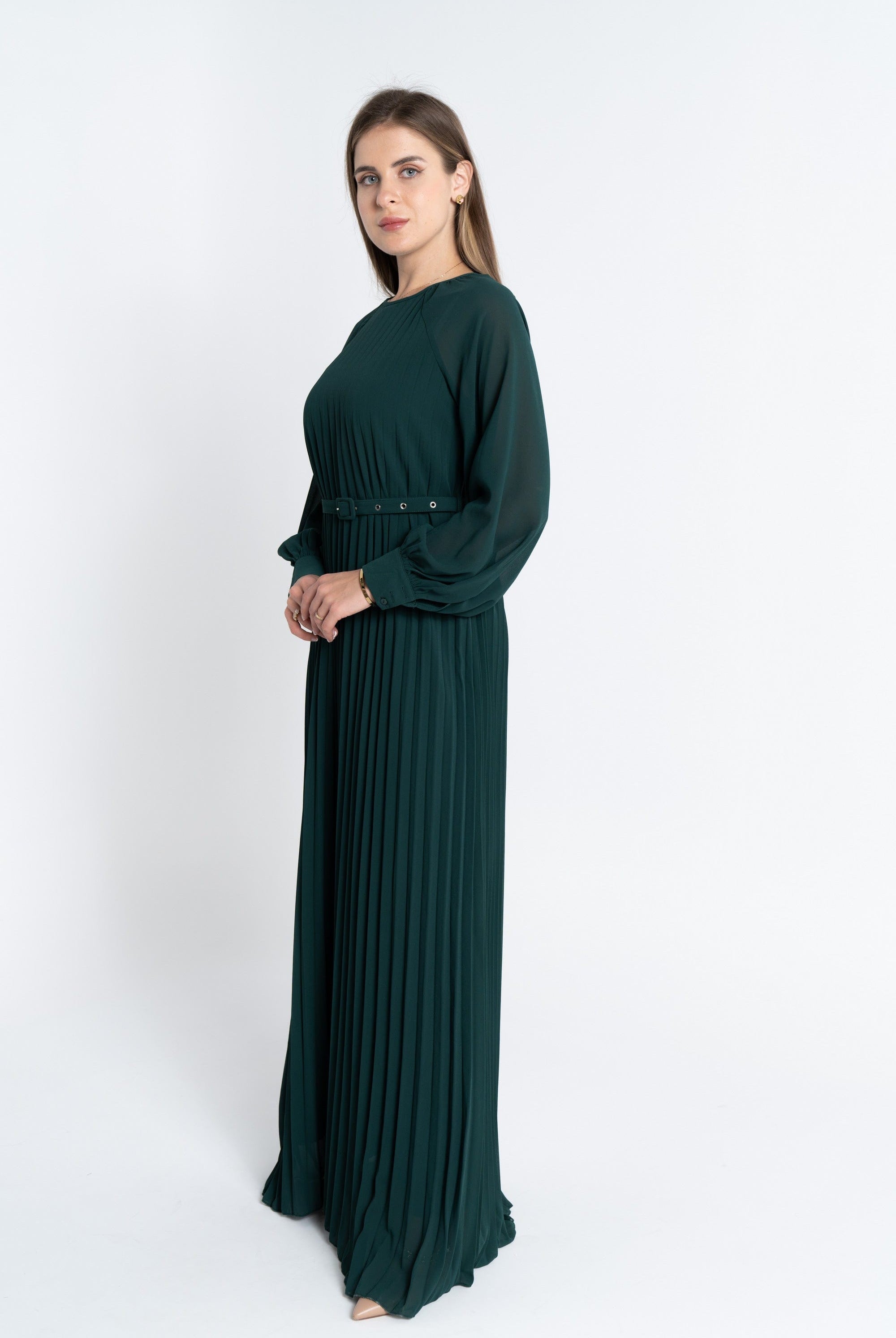 نتشي فستان ماكسي بليسيه من أسفل بحزام على الخصر كم طويل بف نسائي