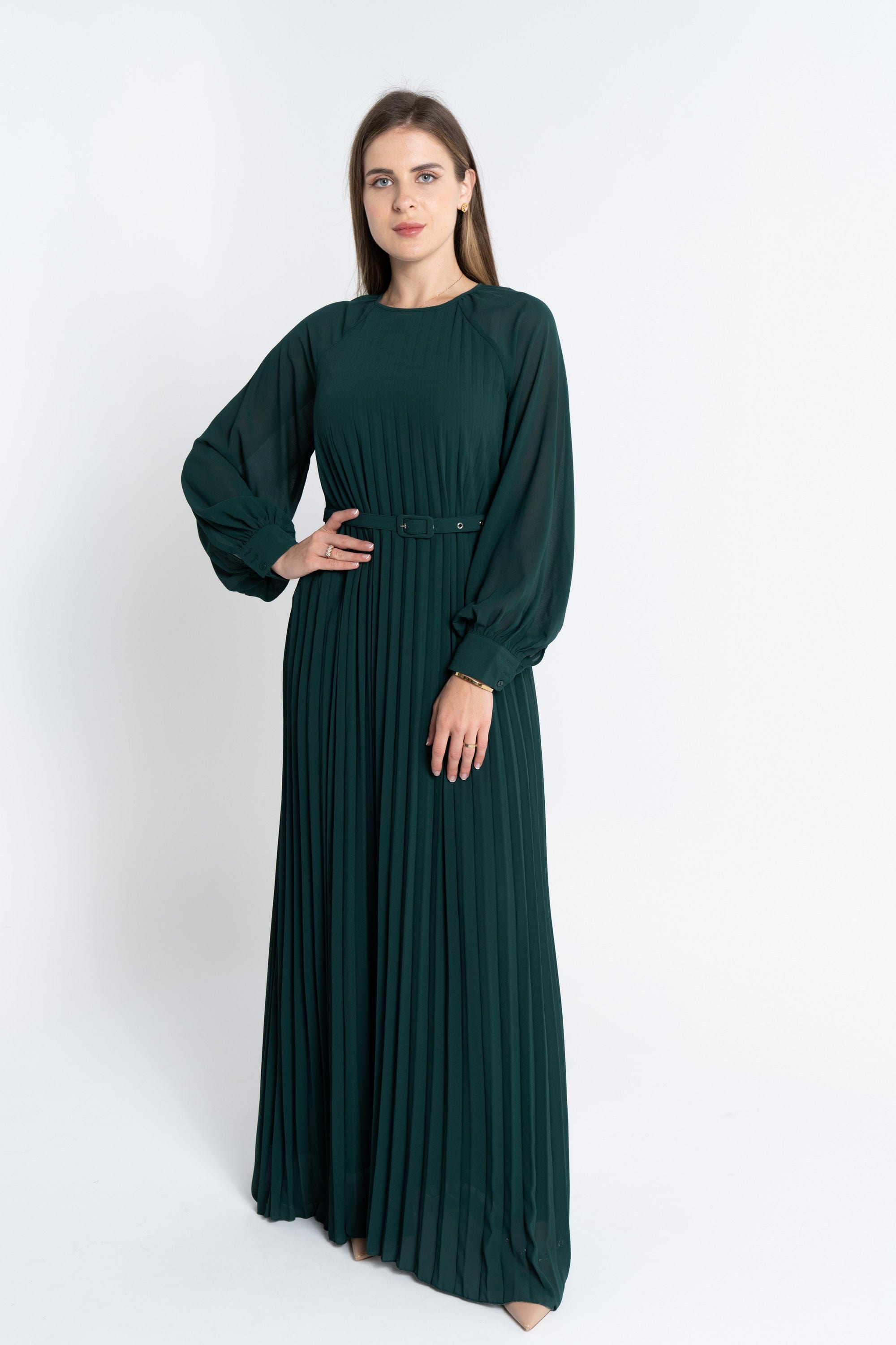 نتشي فستان ماكسي بليسيه من أسفل بحزام على الخصر كم طويل بف نسائي