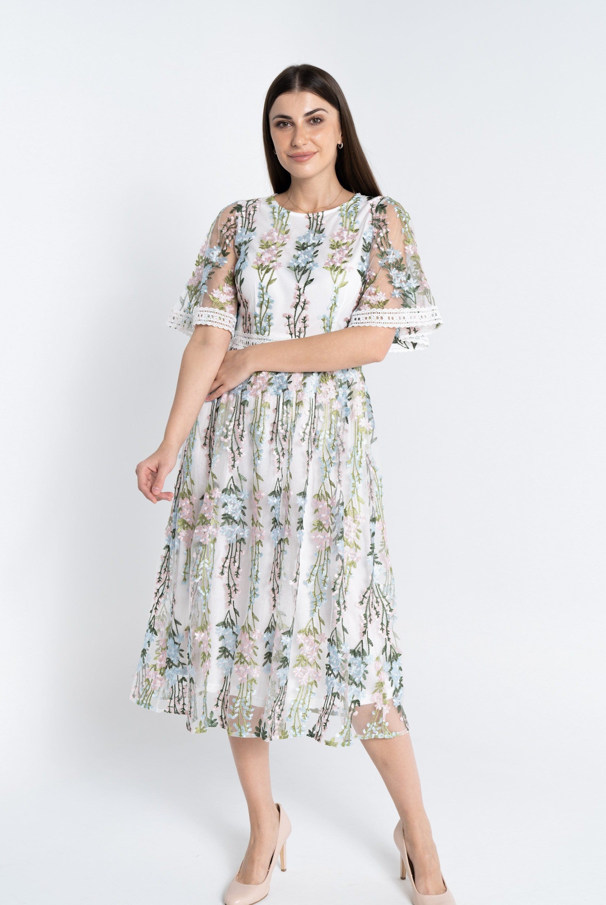 نتشي فستان ميدي مطرز شفاف مبطن نسائي