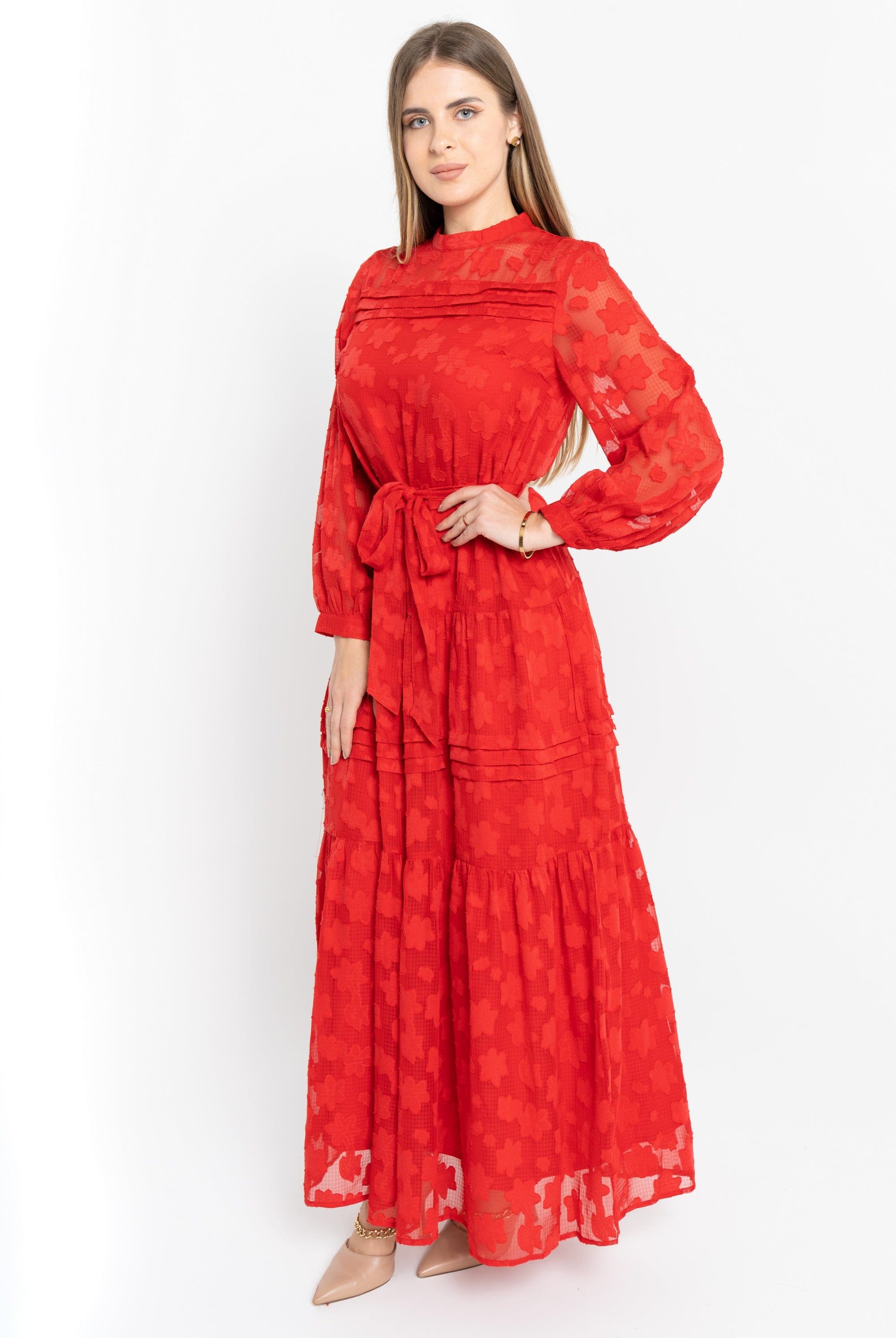 نتشي فستان ماكسي شفاف مخصر بحزام على الخصر كم طويل بف نسائي