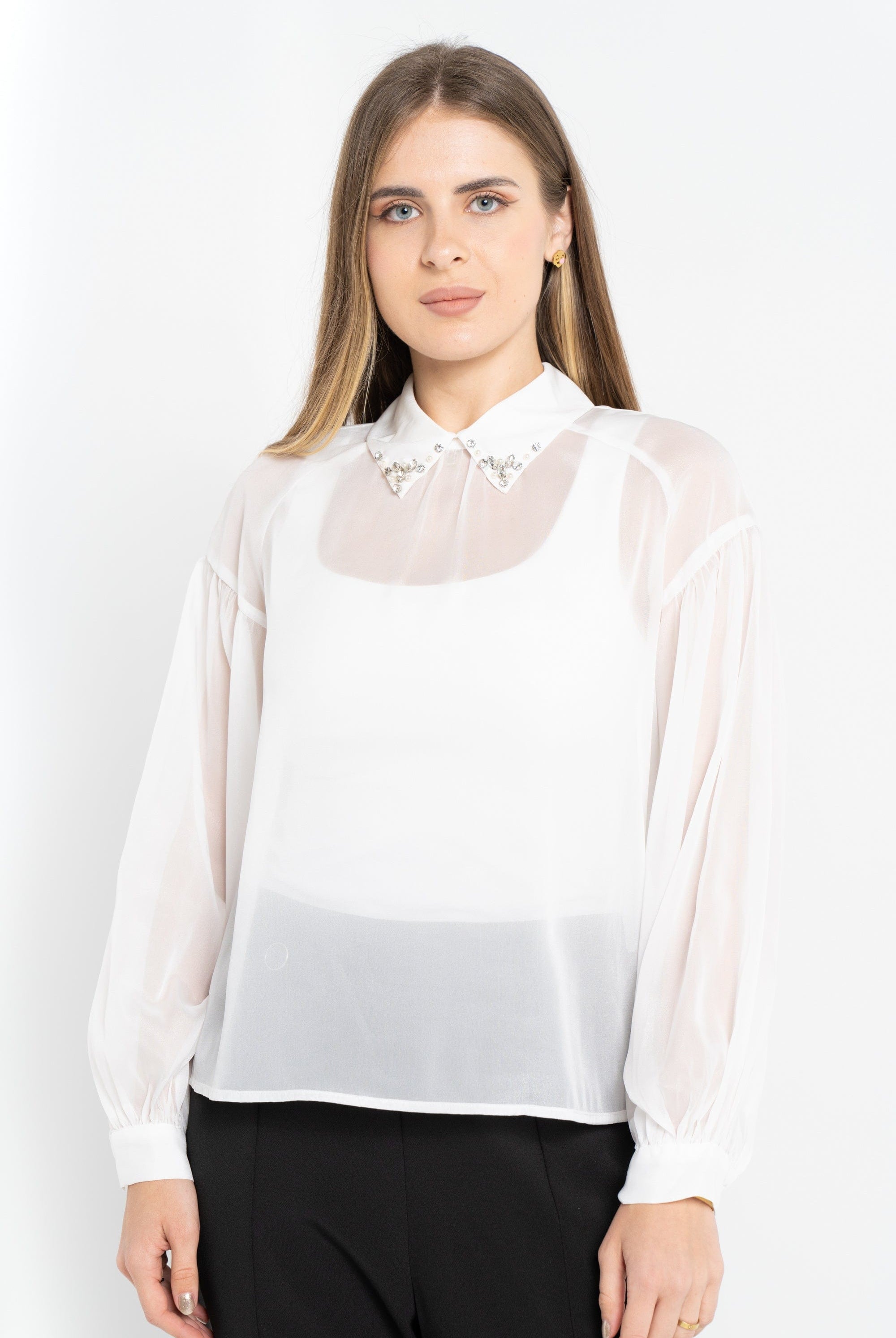 نتشي توب شفاف سواريه كم طويل بف نسائي