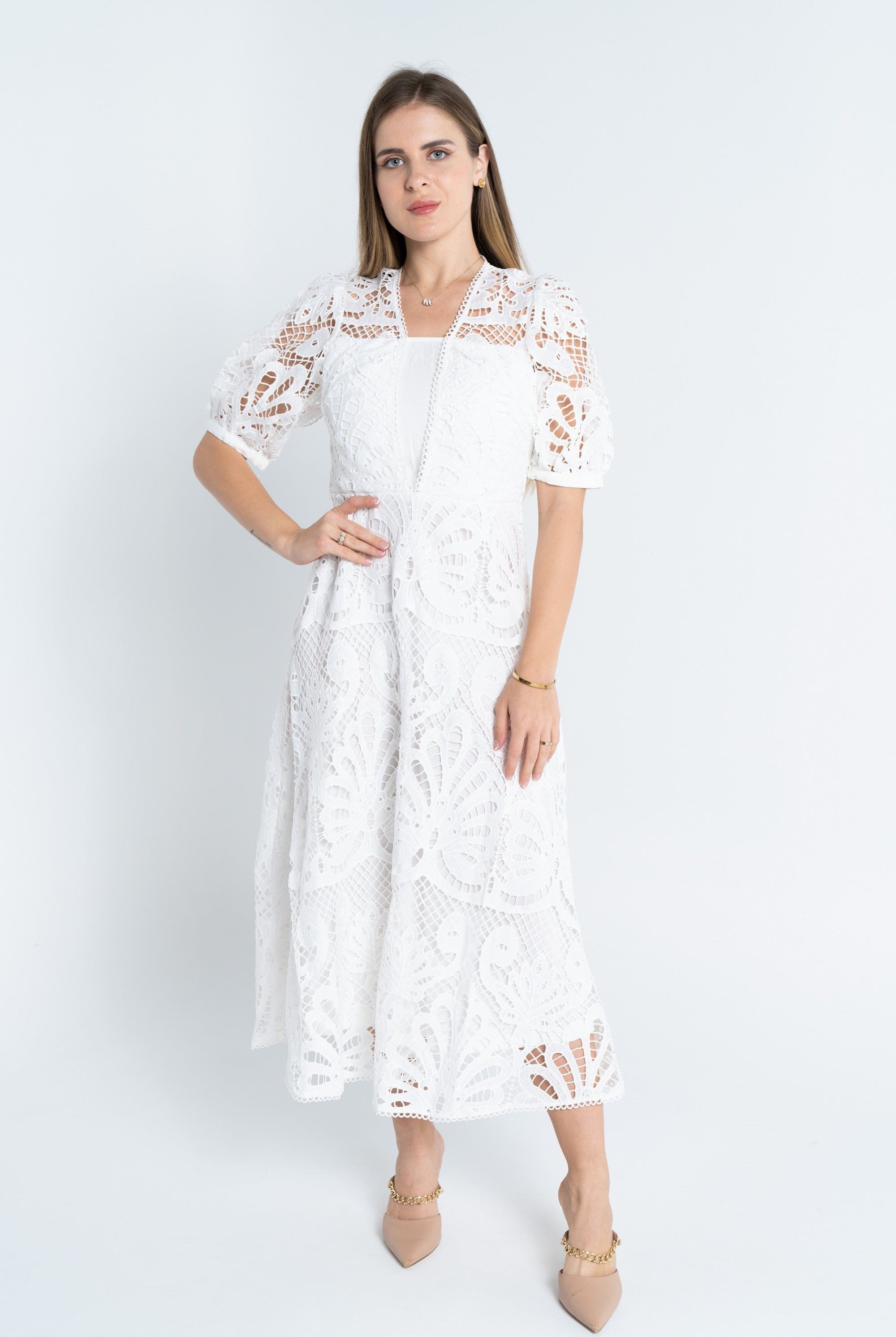 نتشي فستان ميدي مخرم نص كم بف نسائي