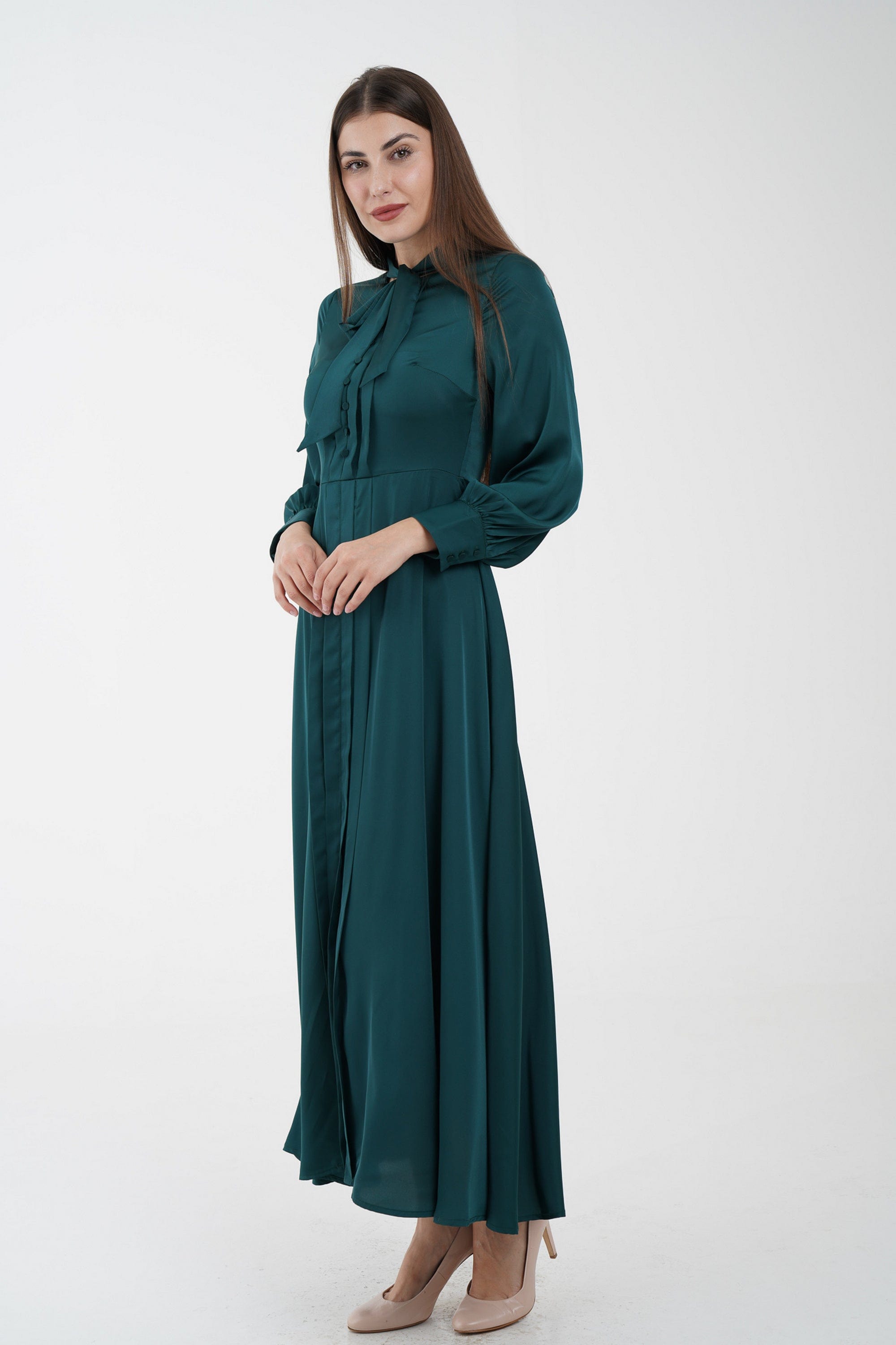 نتشي فستان ماكسي مخصر كلوش من أسفل وياقة فيونكة كم طويل نسائي