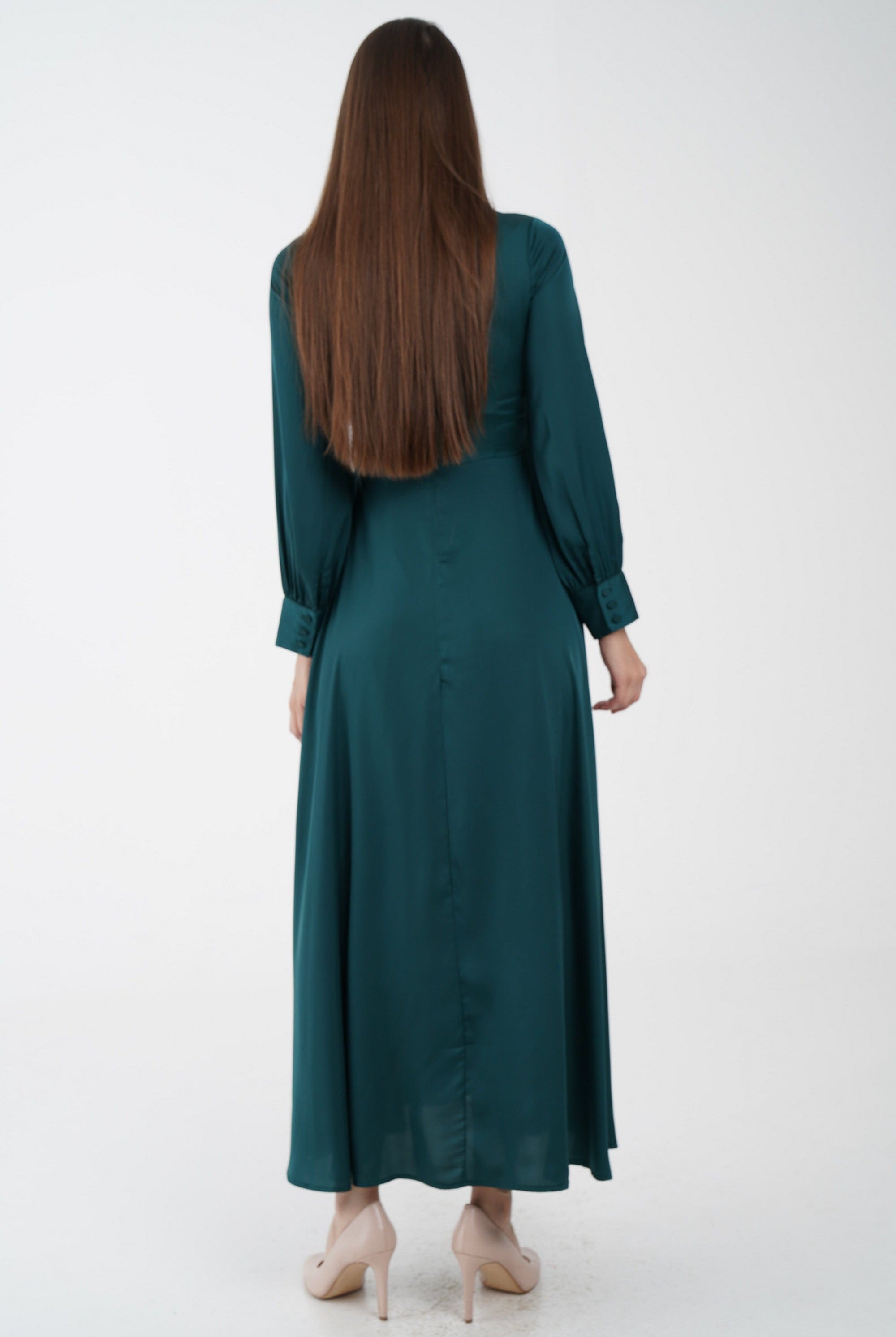 نتشي فستان ماكسي مخصر كلوش من أسفل وياقة فيونكة كم طويل نسائي