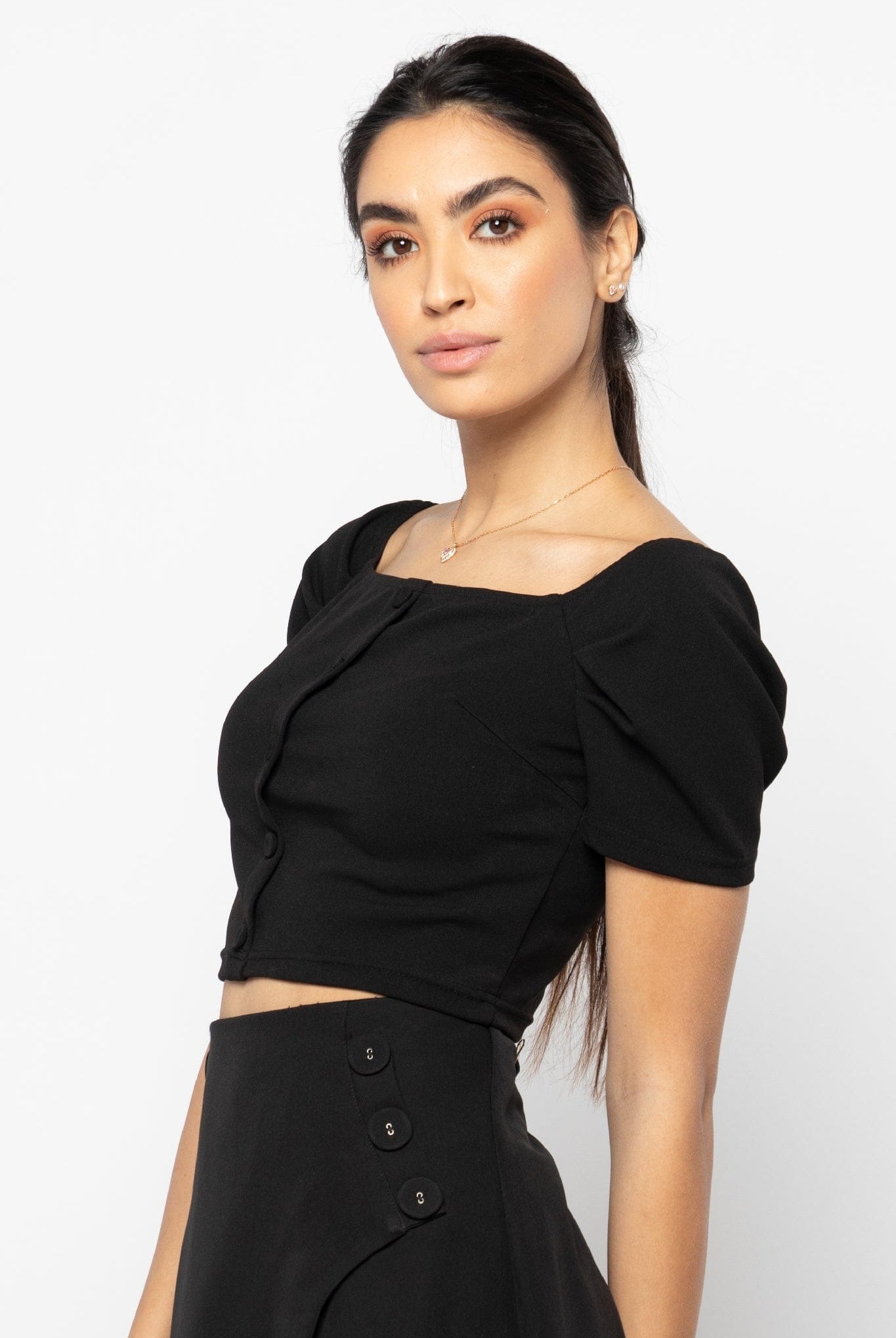 نتشي بلوزة بياقة مربعة بأزرار أمامية كم قصير بف نسائي