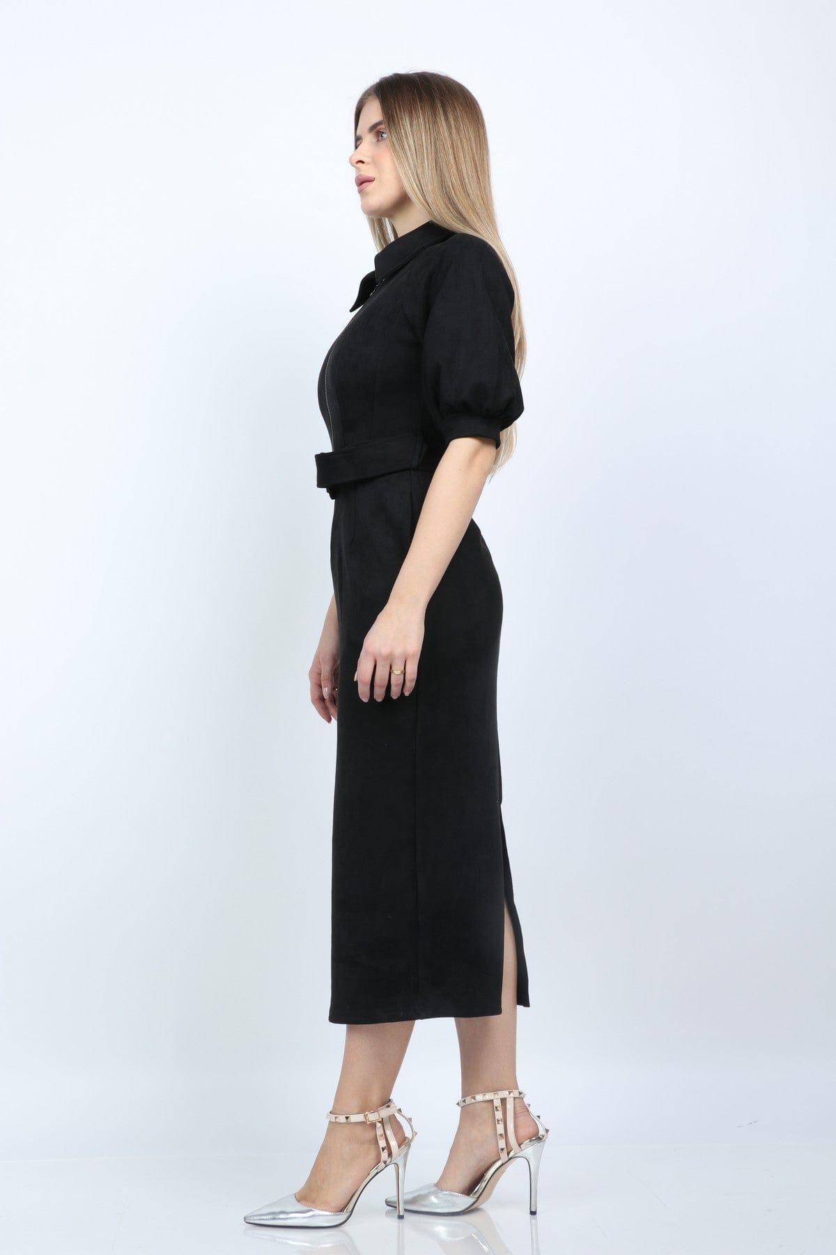 نتشي فستان ميدي سادة ضيق نص كم واسع بف أسود