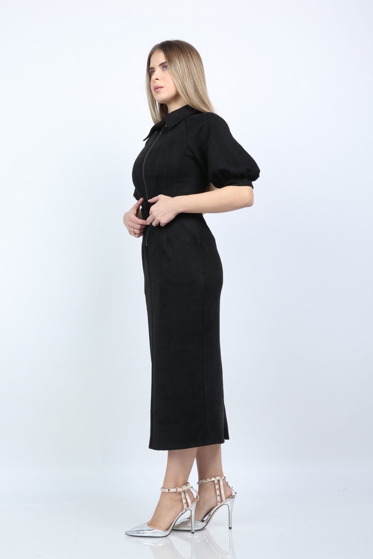 نتشي فستان ميدي سادة ضيق نص كم واسع بف أسود