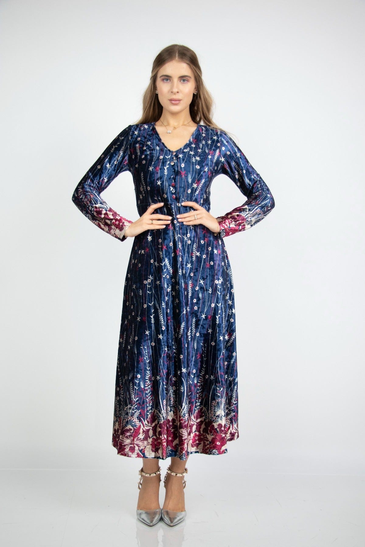 نتشي فستان ميدي مشجرة بأكمام طويلة البنفسجي