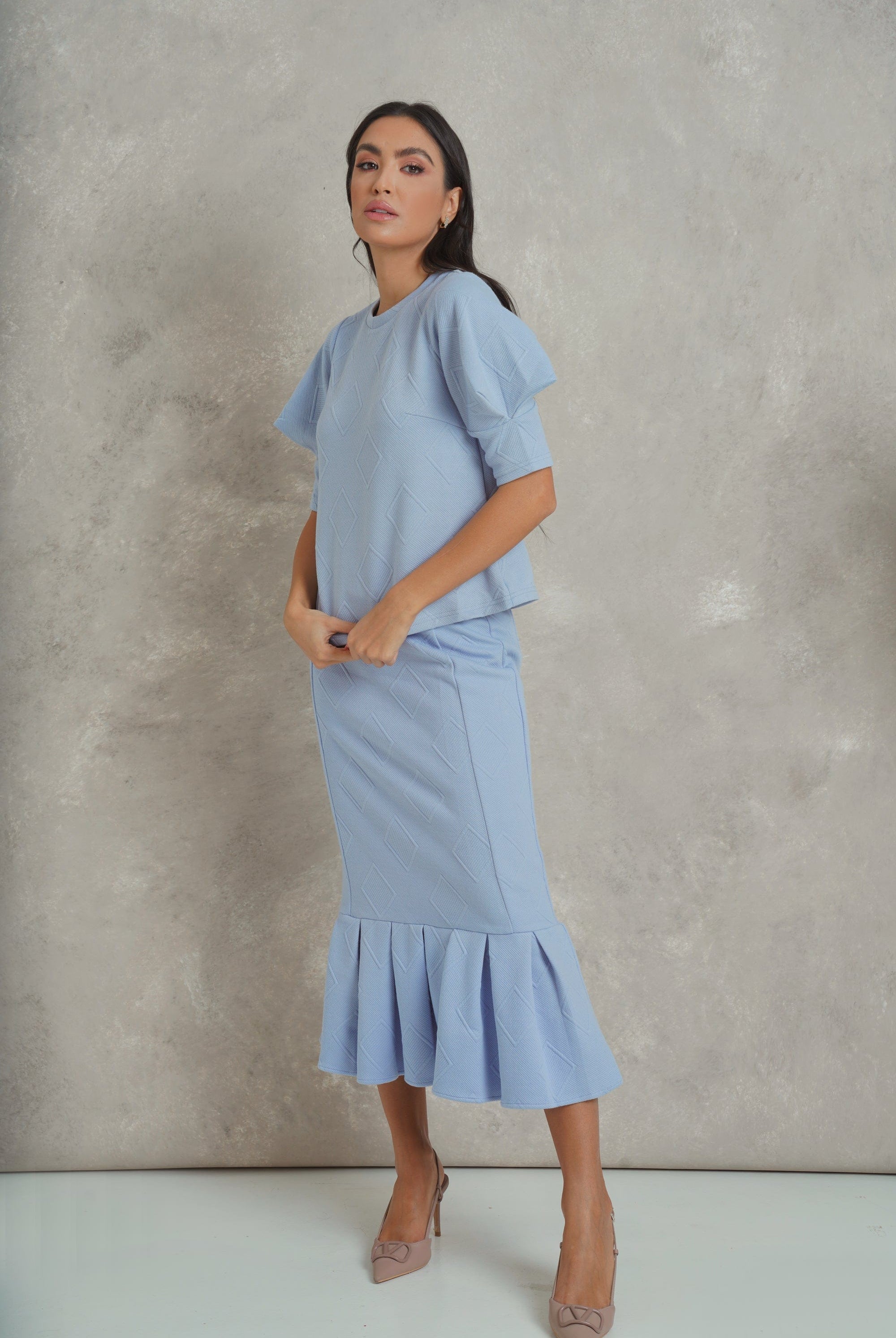 نتشي بلوزة كلاسيك سادة بتطريز بارز نص كم منفوخ