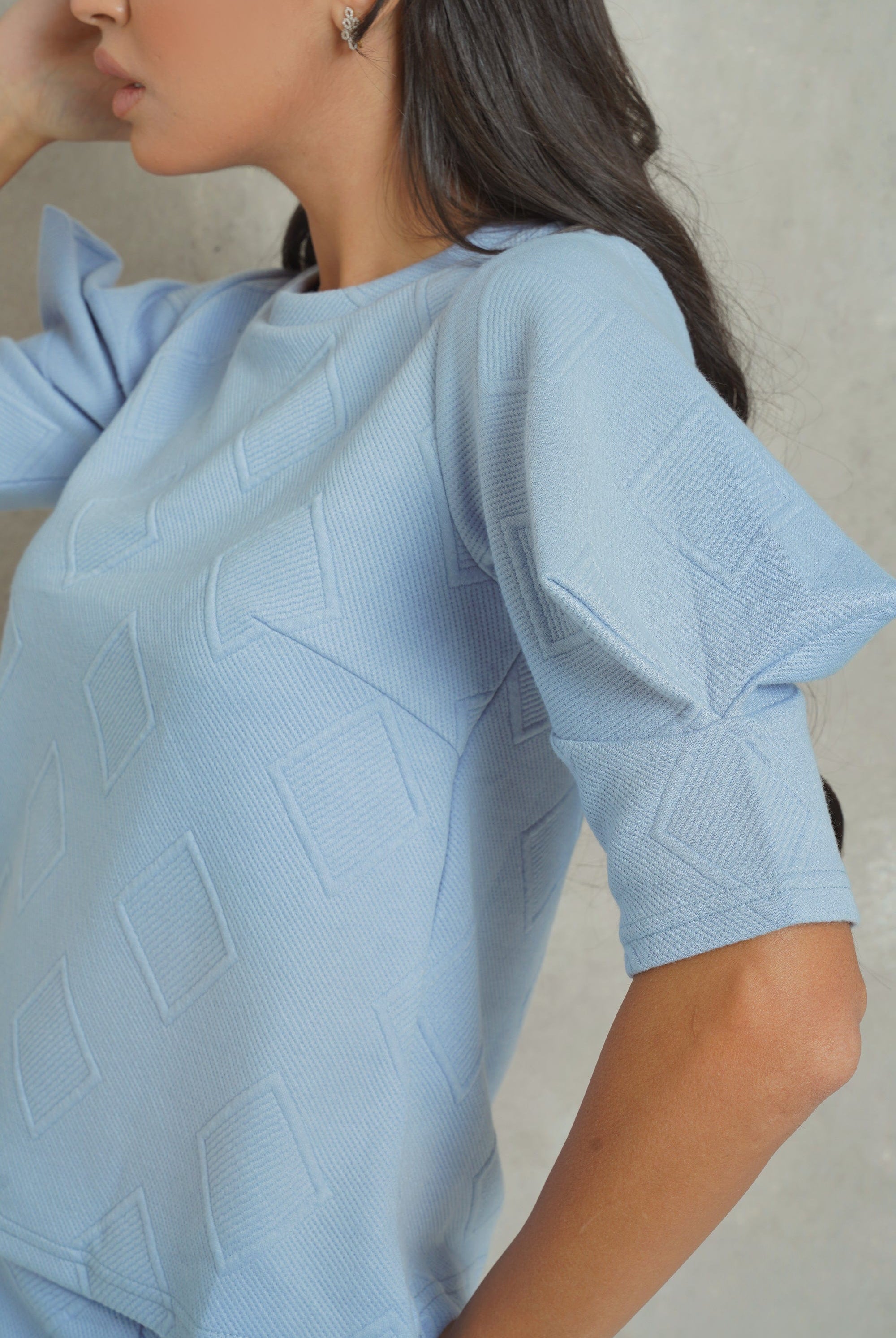 نتشي بلوزة كلاسيك سادة بتطريز بارز نص كم منفوخ