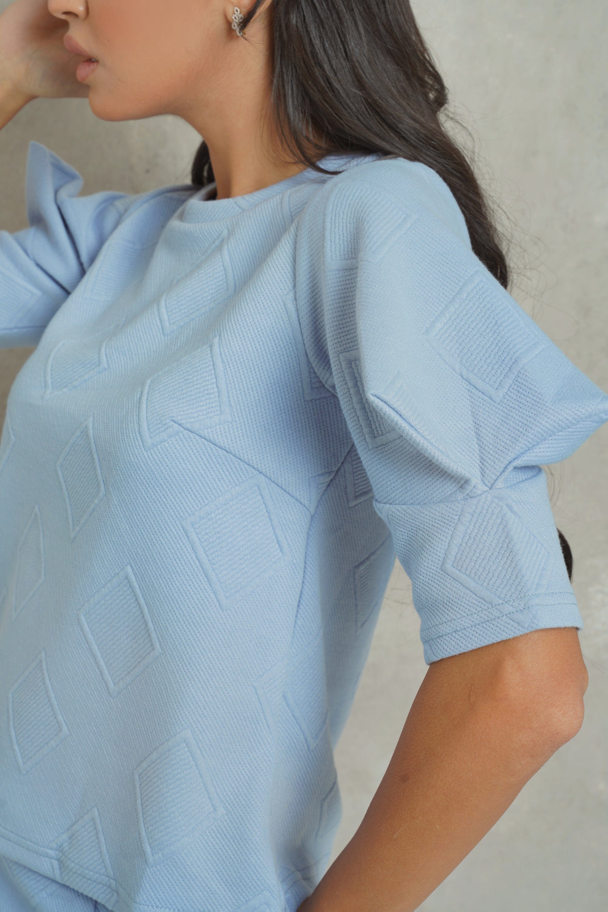 نتشي بلوزة كلاسيك سادة بتطريز بارز نص كم منفوخ