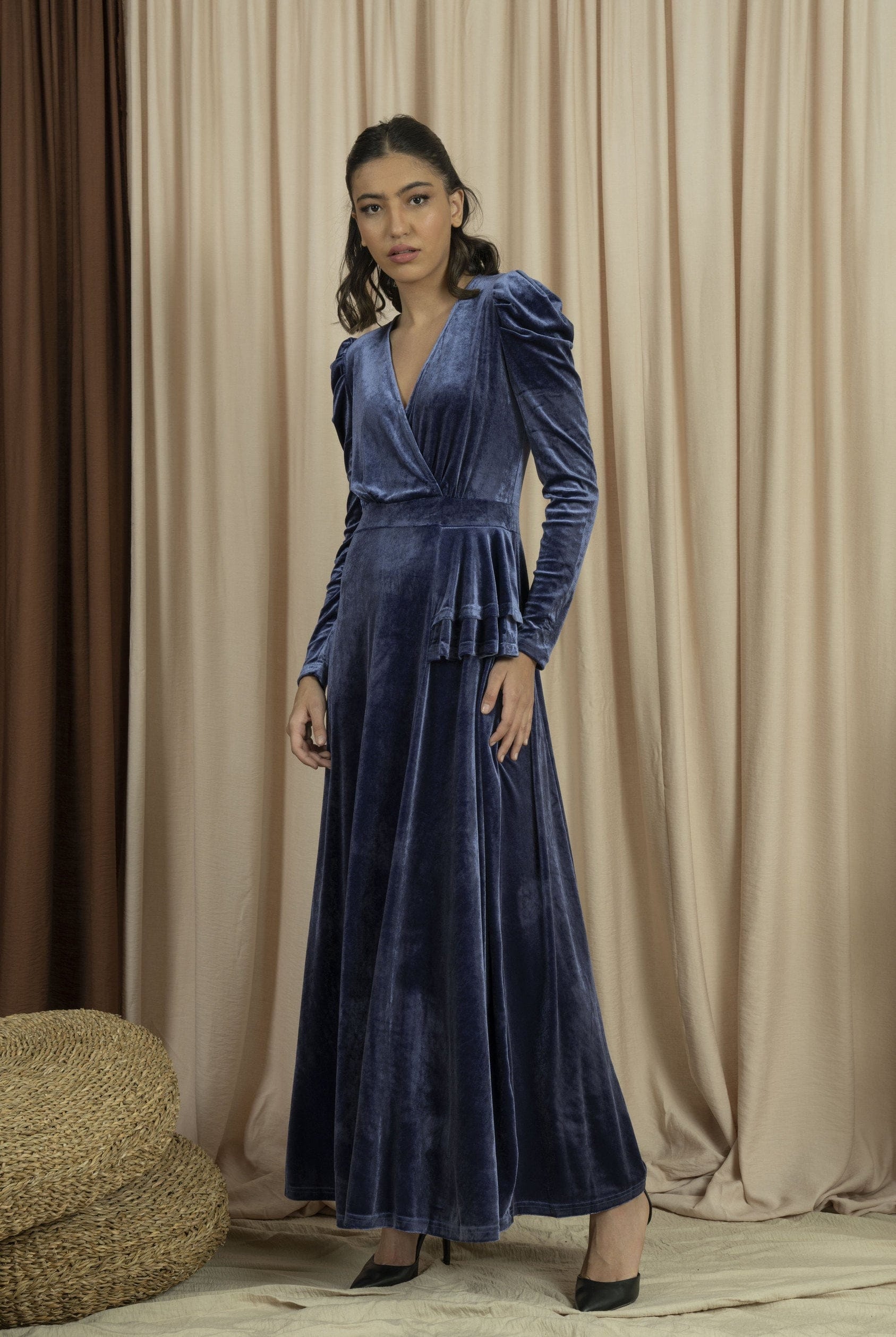 نتشي فستان مخمل نسائي طويل أزرق داكن