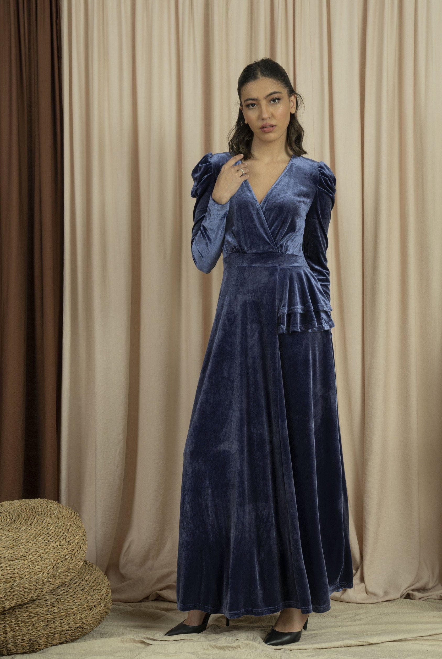 نتشي فستان مخمل نسائي طويل أزرق داكن