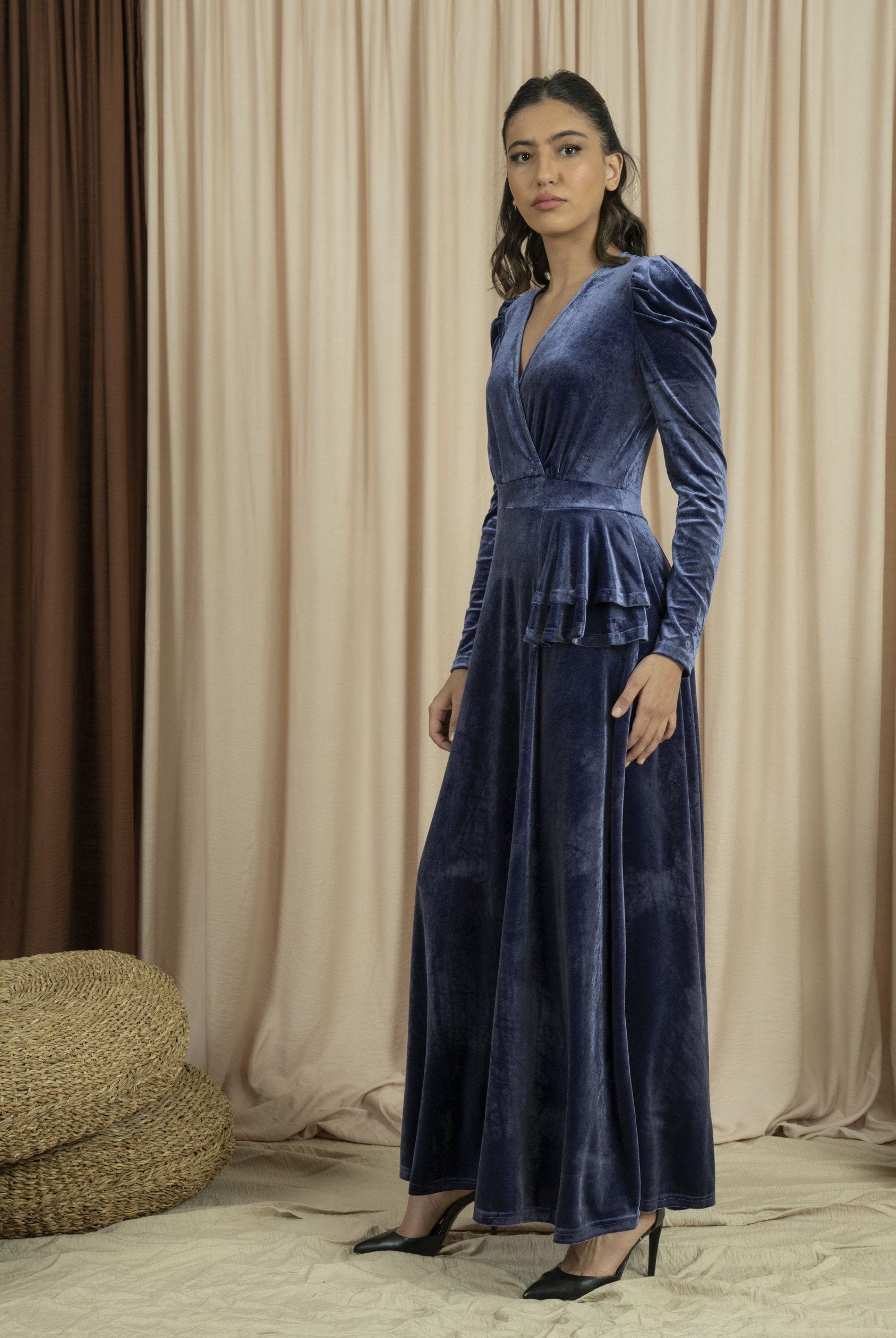 نتشي فستان مخمل نسائي طويل أزرق داكن