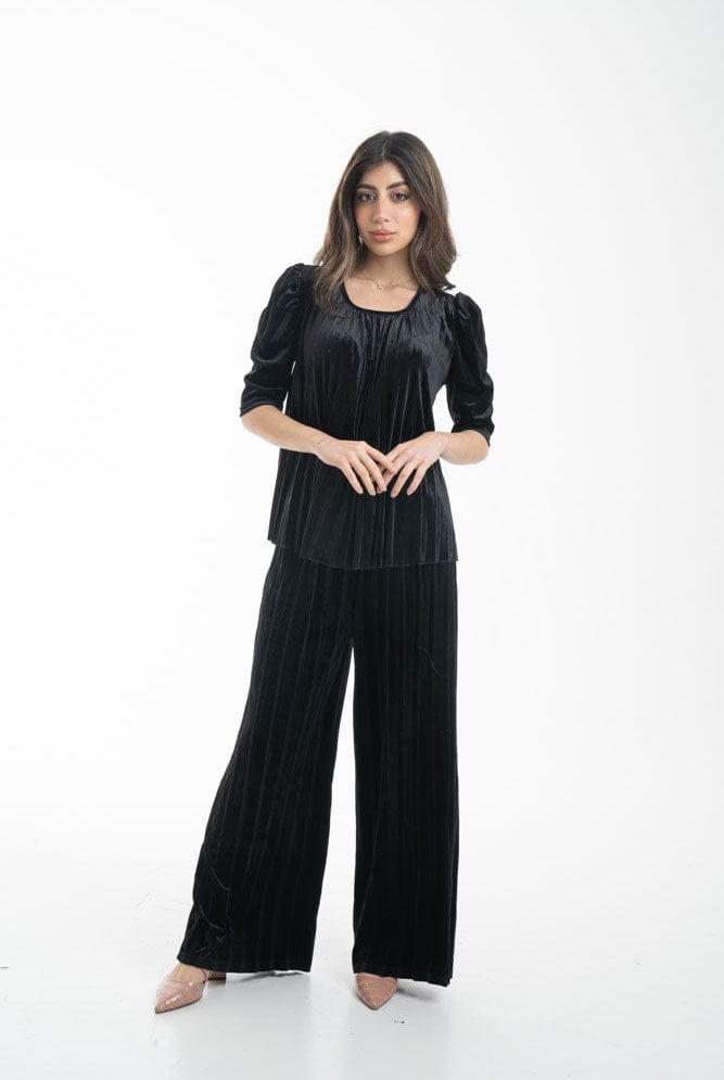 نتشي بنطلون واسع مخطط بالطول نسائي أسود