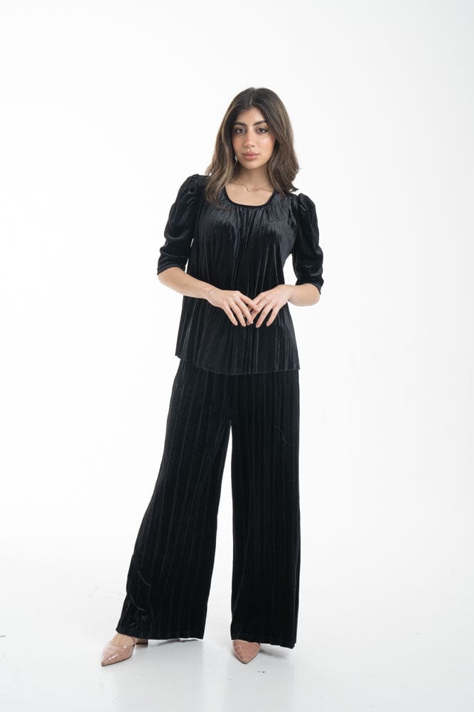 نتشي بنطلون واسع مخطط بالطول نسائي أسود