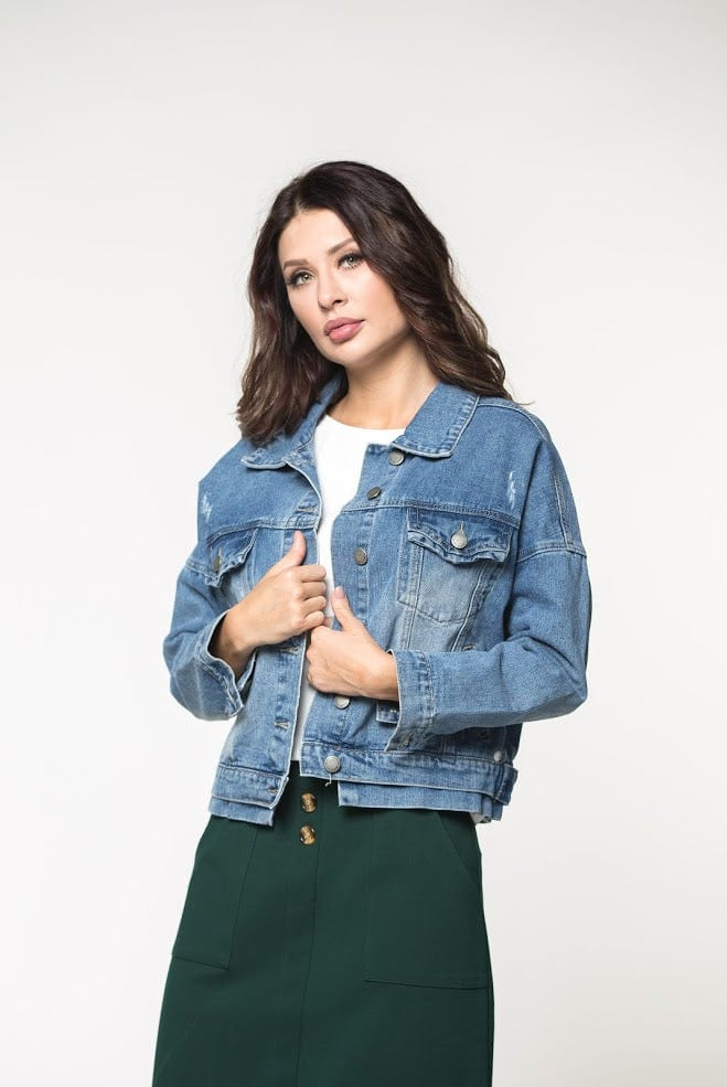 نتشي جاكيت جينز بياقة وأزرار أمامية معدنية كم طويل نسائي