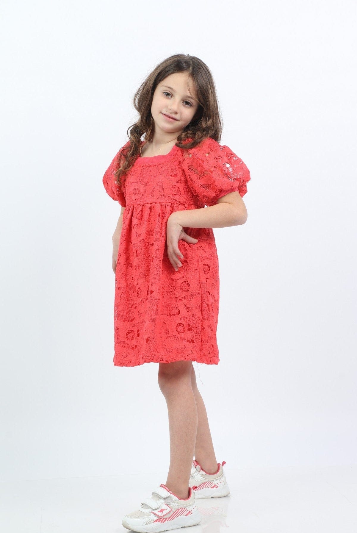 جينجرسنابس فستان دانتيل قصير منفوش نص كم بف بناتي مرجان عميق