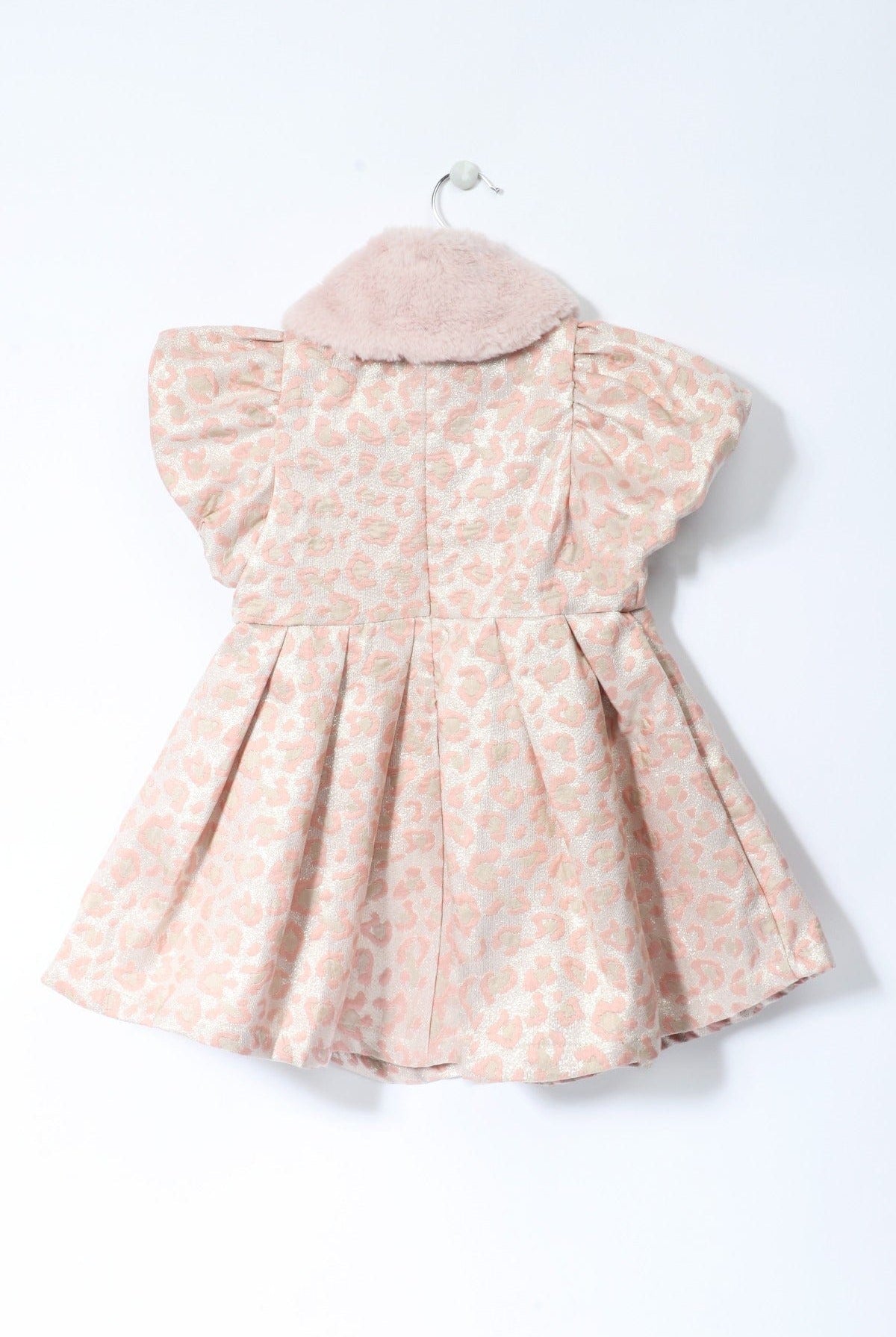 جينجرسنابس فستان لامع منقوش مع فرو على الرقبة مخصر كم قصير بف بناتي وردي