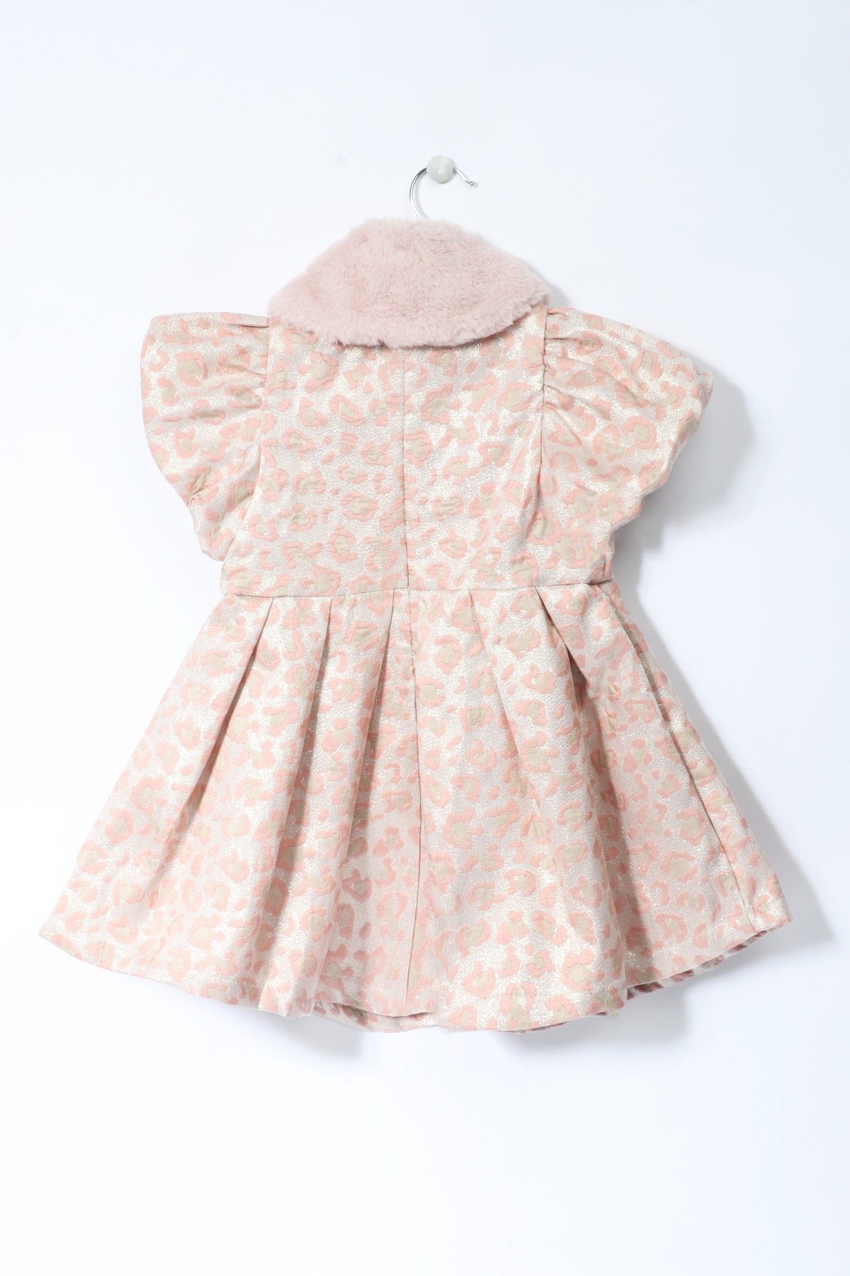 جينجرسنابس فستان لامع منقوش مع فرو على الرقبة مخصر كم قصير بف بناتي وردي