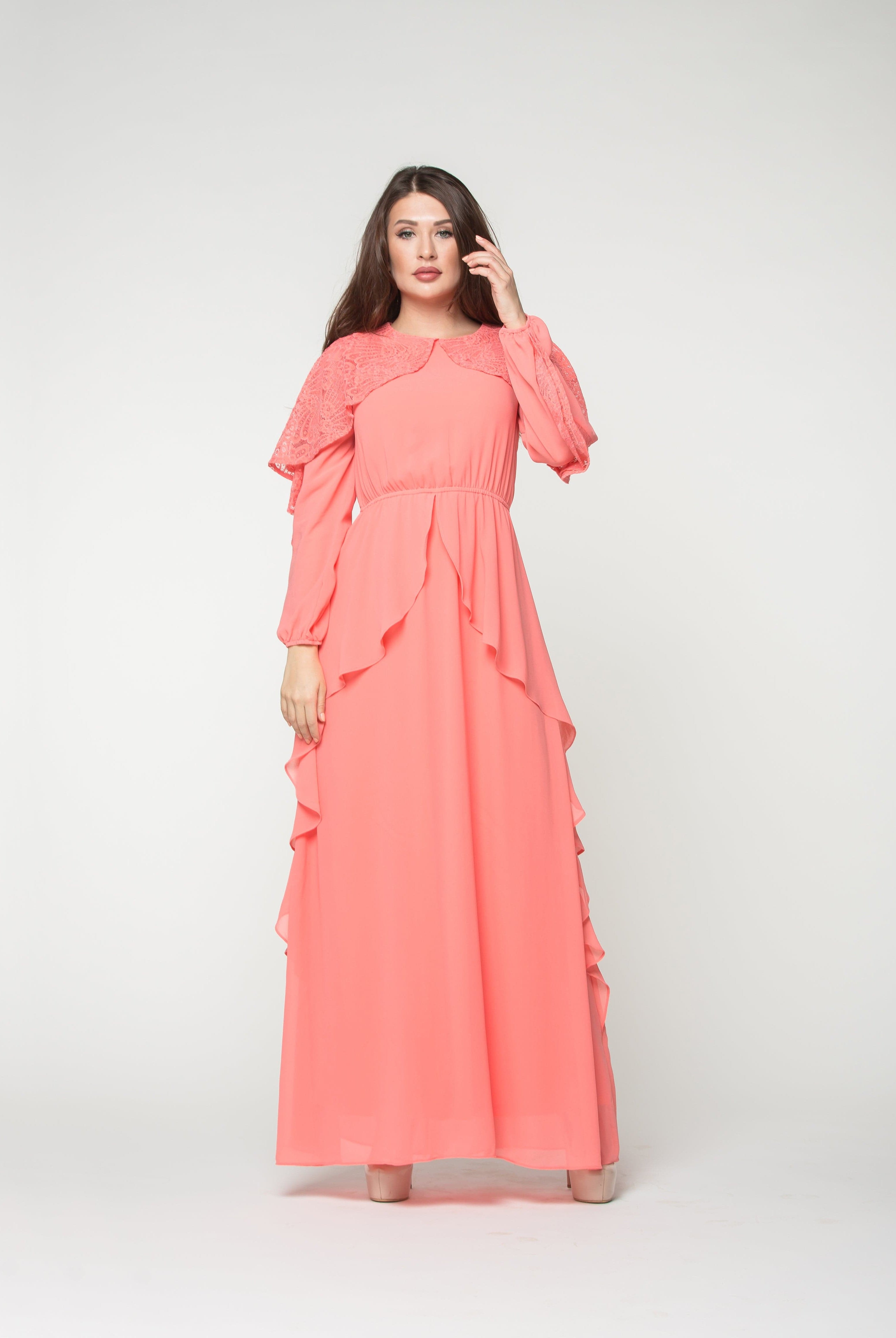 نتشي فستان طويل شيفون بكم مكشكش دانتيل طويل