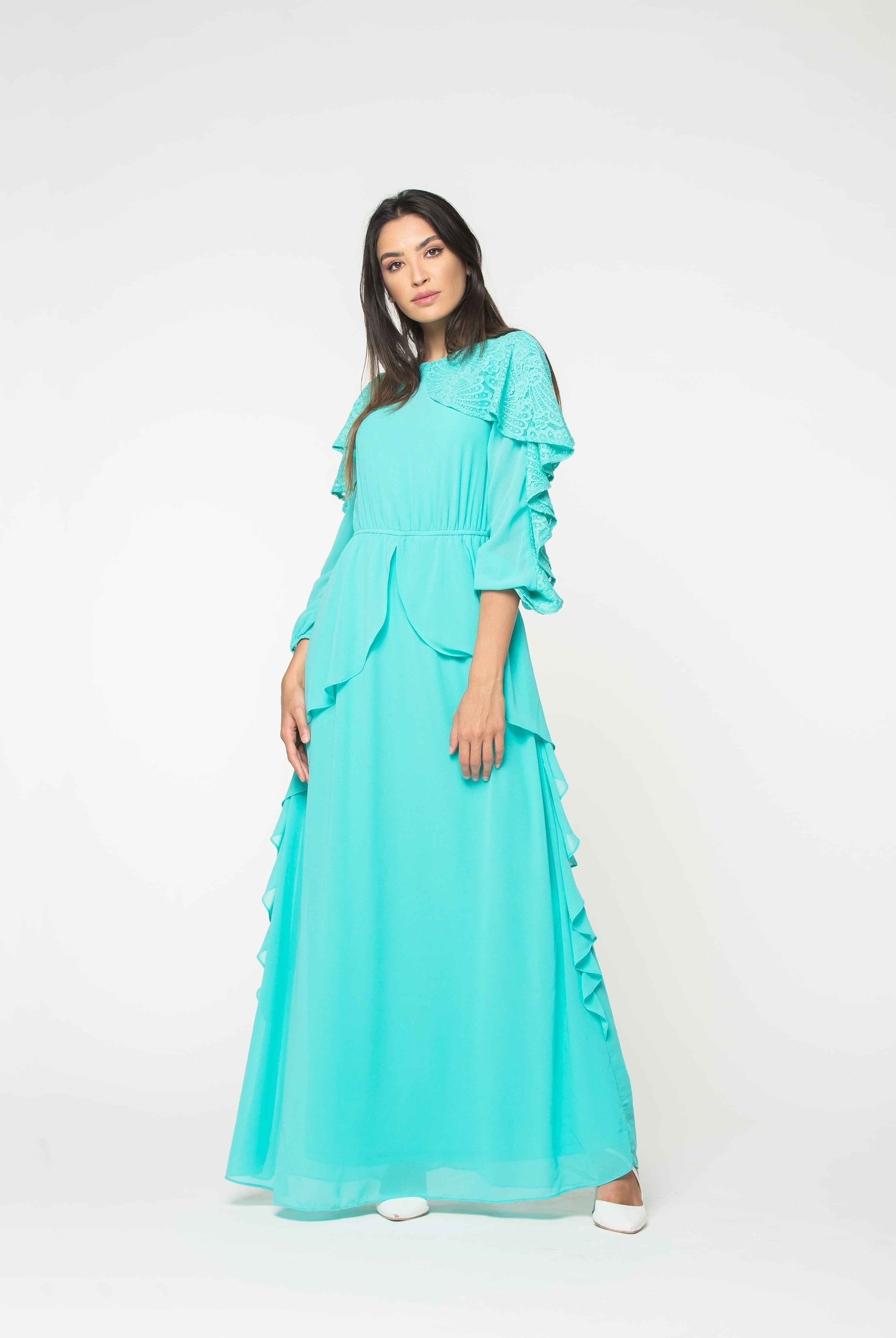 نتشي فستان طويل شيفون بكم مكشكش دانتيل طويل