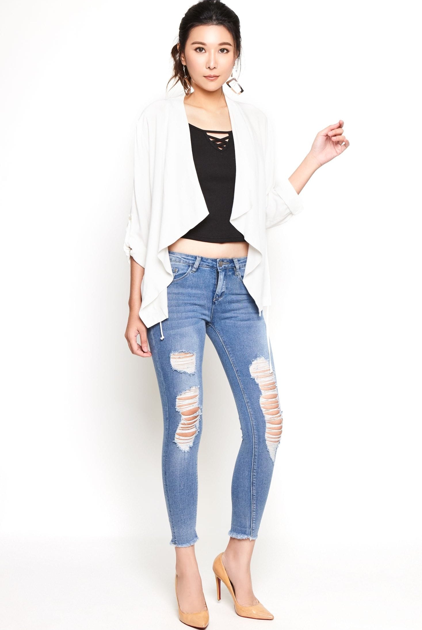 نتشي سترة سادة بدون سحاب مفتوحة بأكمام طويلة