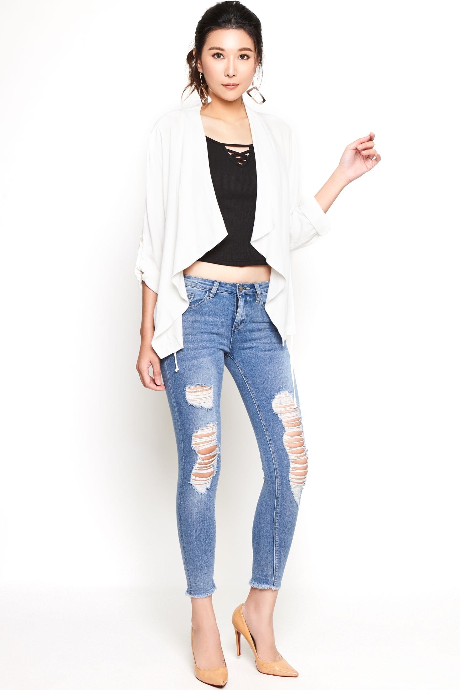 نتشي سترة سادة بدون سحاب مفتوحة بأكمام طويلة