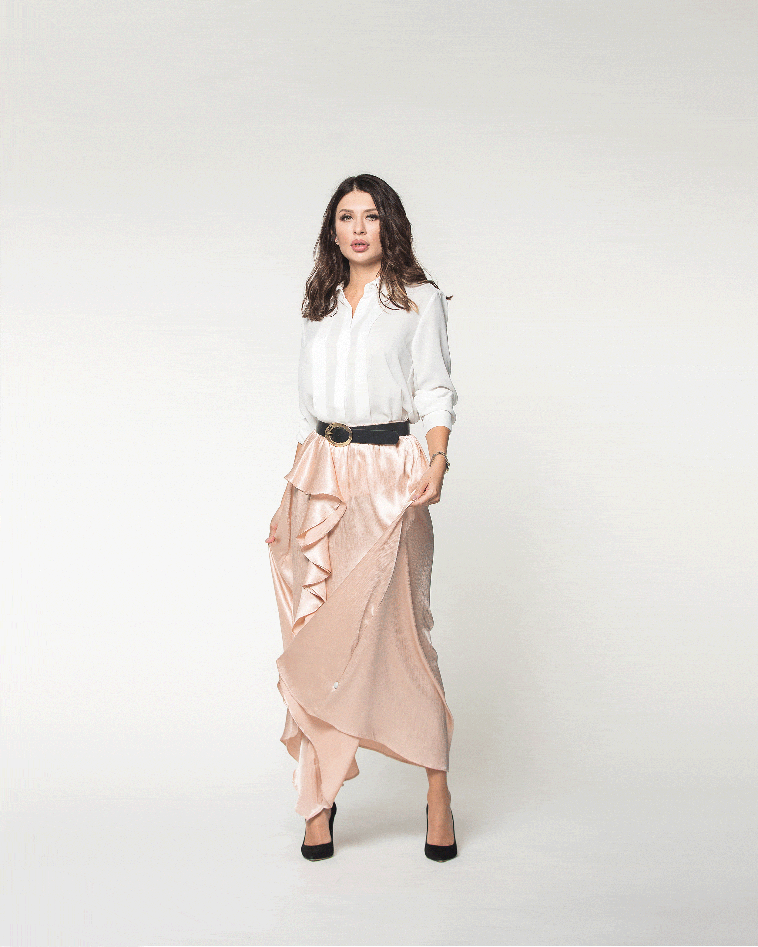 نتشي تنورة طويلة سادة لامعة بكشكش من أعلى لأسفل نسائية