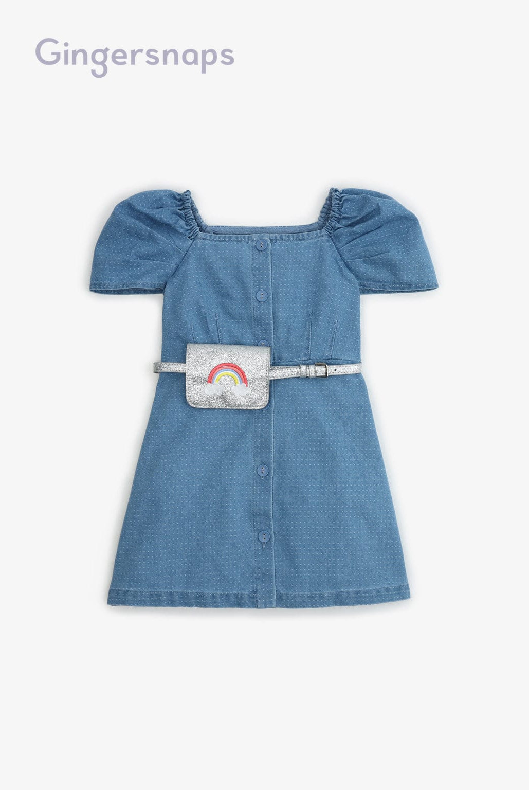 جينجرسنابس فستان جينز كم قصير شنطة على الخصر كم قصير بناتي أزرق