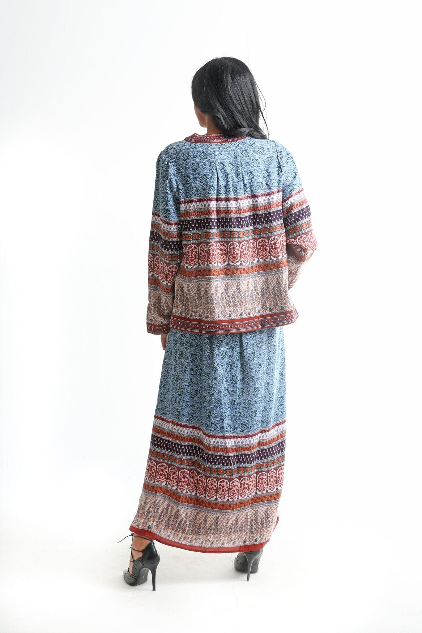 داليدرس جاكيت منقوش طويل كم طويل نسائي أزرق