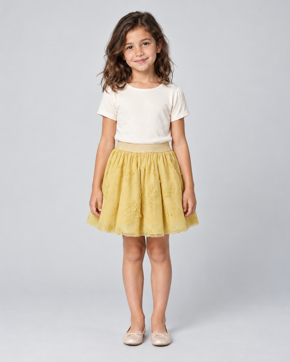 Full-front model photo — GSK0719 yellow embroidered girls skirt