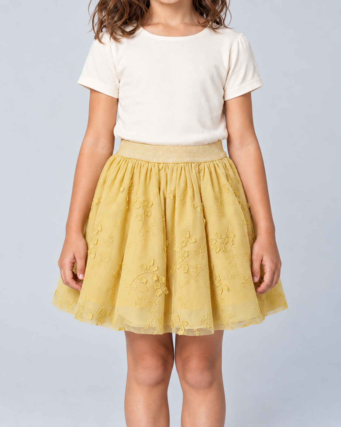 Garment detail — GSK0719 yellow embroidered girls skirt