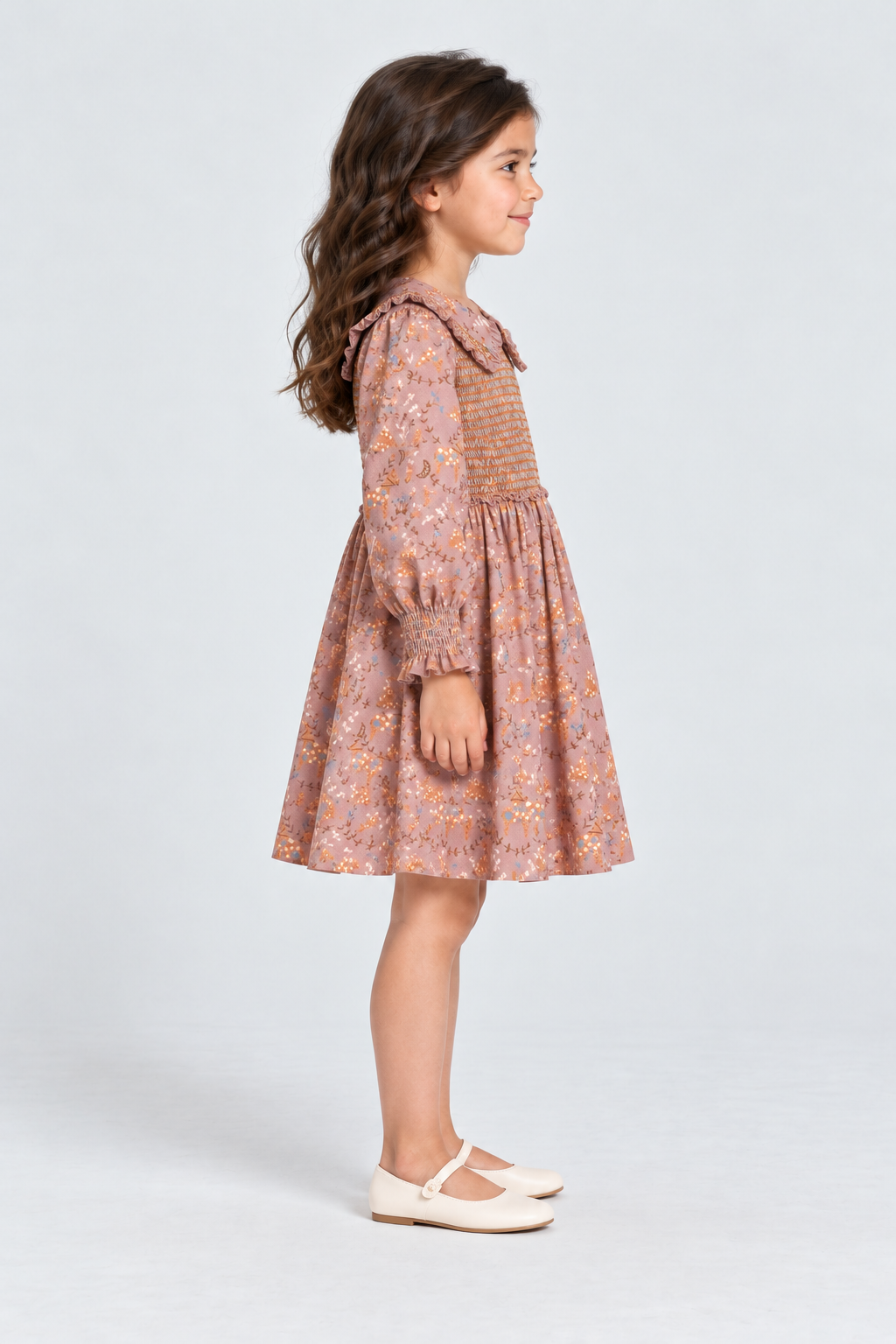 فستان بناتي منقوش بزهور بكشكشه على الصدر والاكمام, mauve, right model view