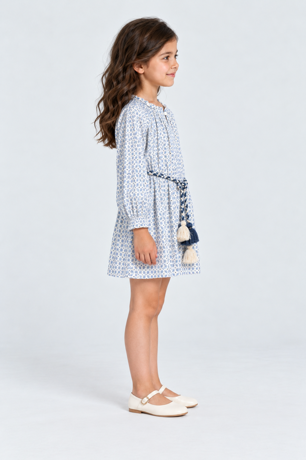 فستان بناتي منقوش طويل كم طويل, blue, right model view