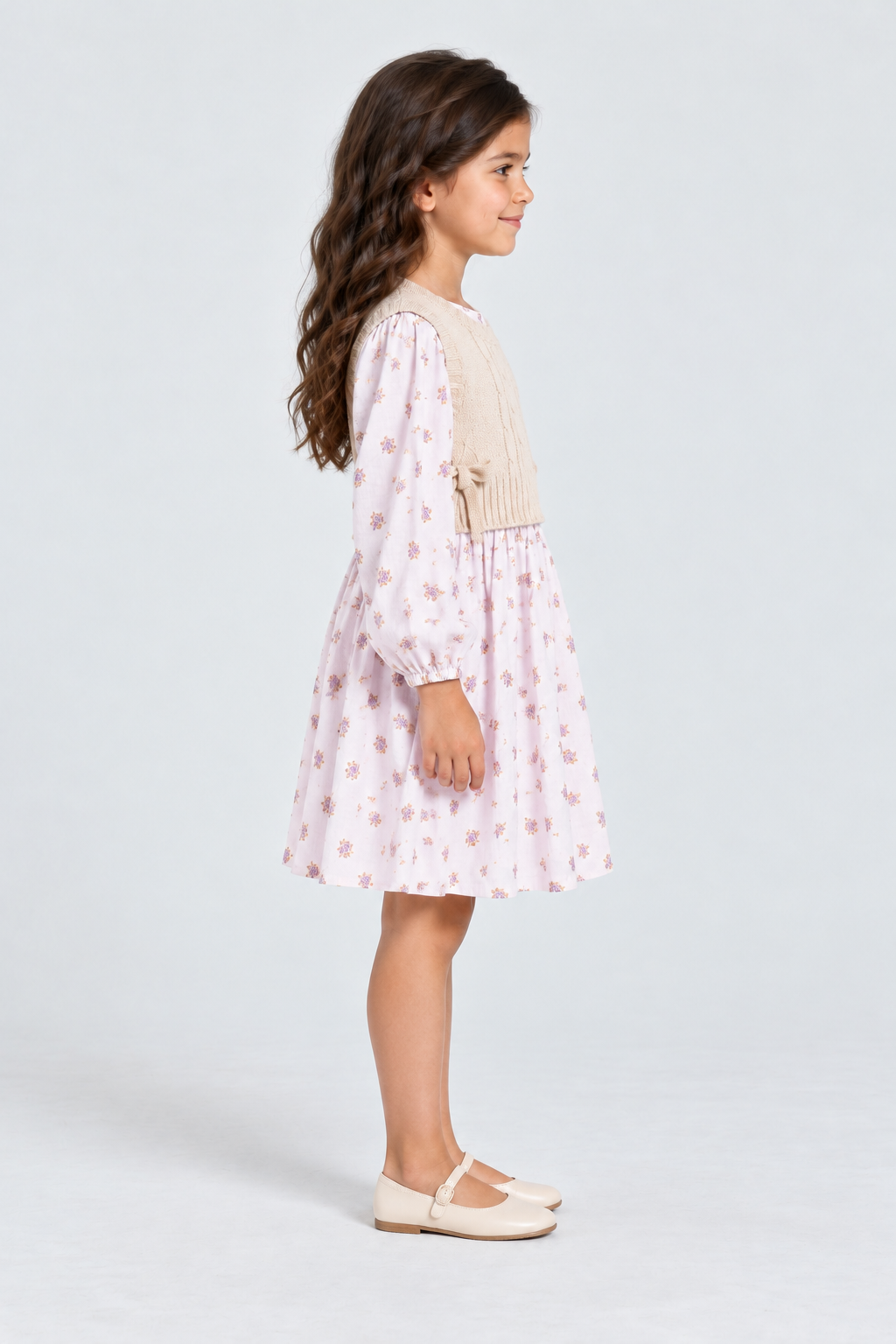 فستان بيبي منقوش, floral with knit vest, right model view