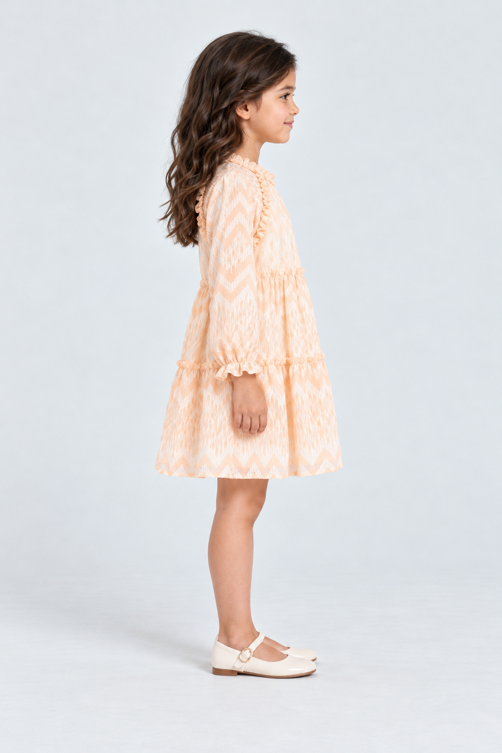 فستان شيفون واسع منقوش كم طويل بناتي, peach, right model view