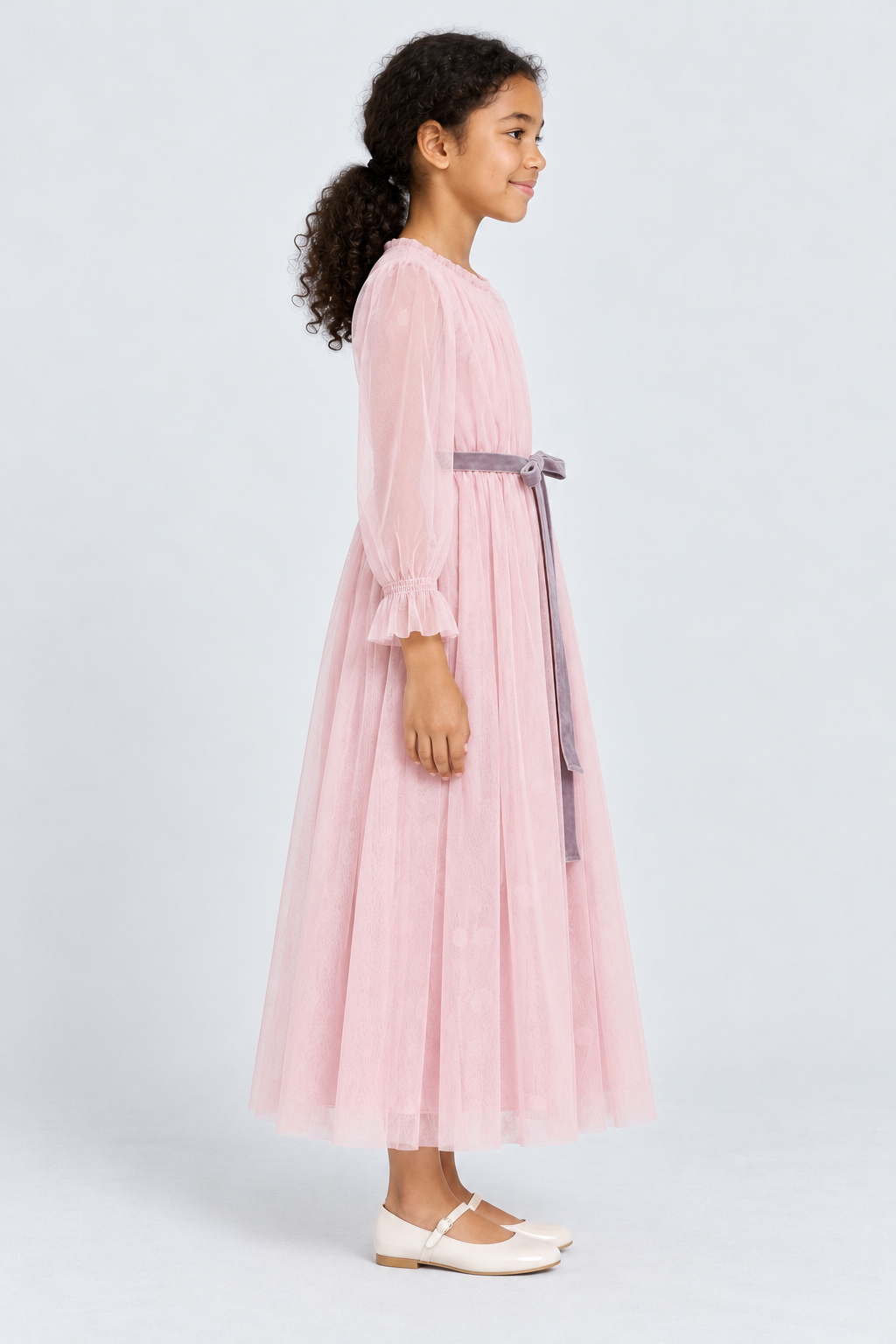 فستان طويل حزام على الخصر كم طويل بناتي, pink, right model view