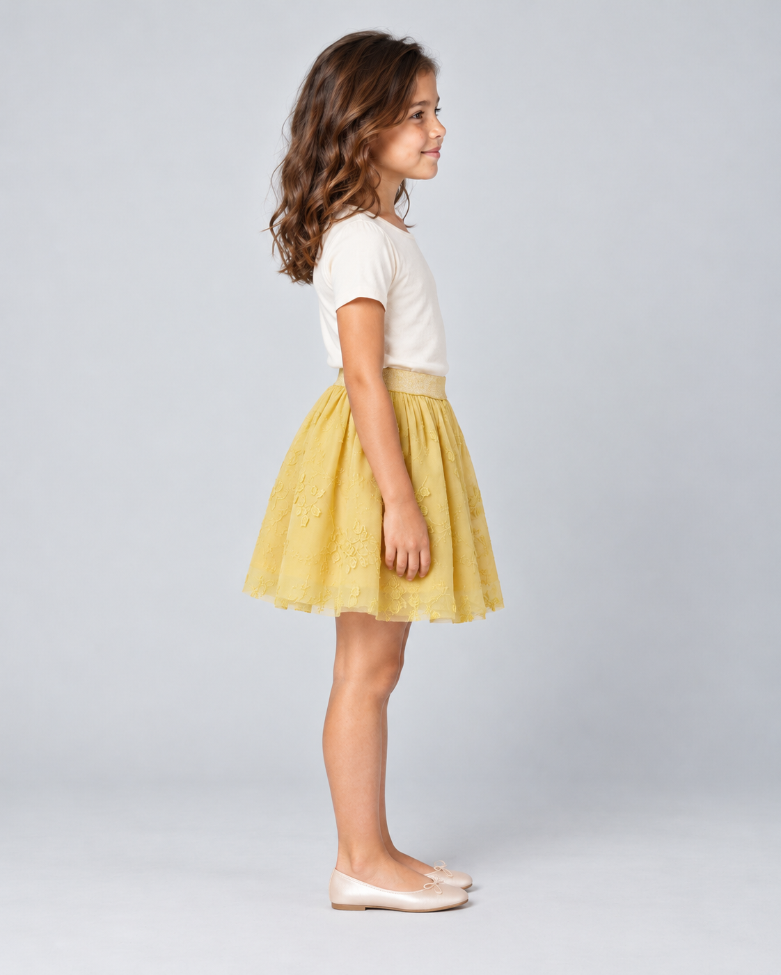 Side view — GSK0719 yellow embroidered girls skirt
