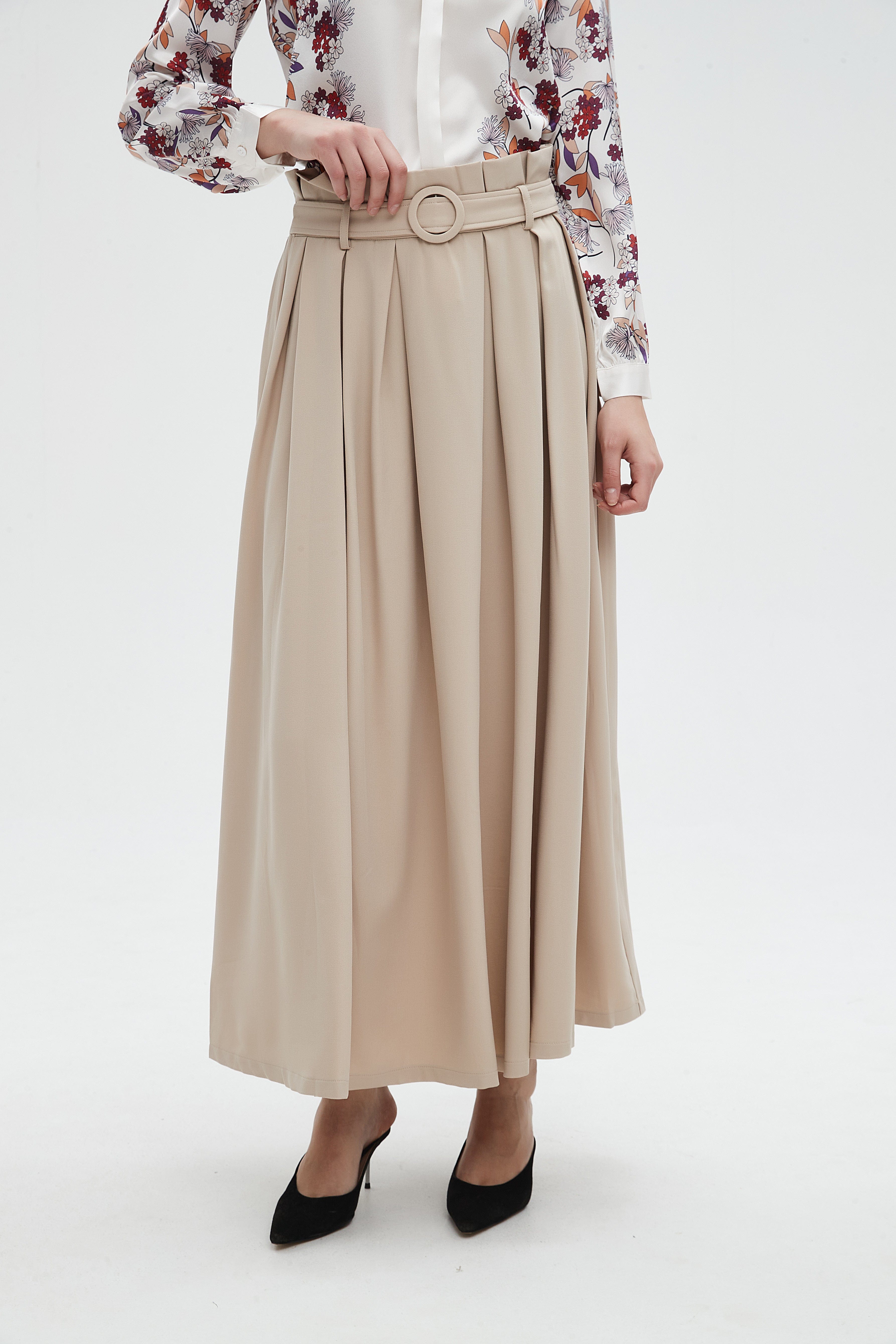 نتشي تنورة نسائية طويله سادة بخصر كشكش وحزام