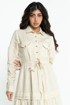 داليدرس فستان نسائي ماكسي بجيوب على الصدر بيج