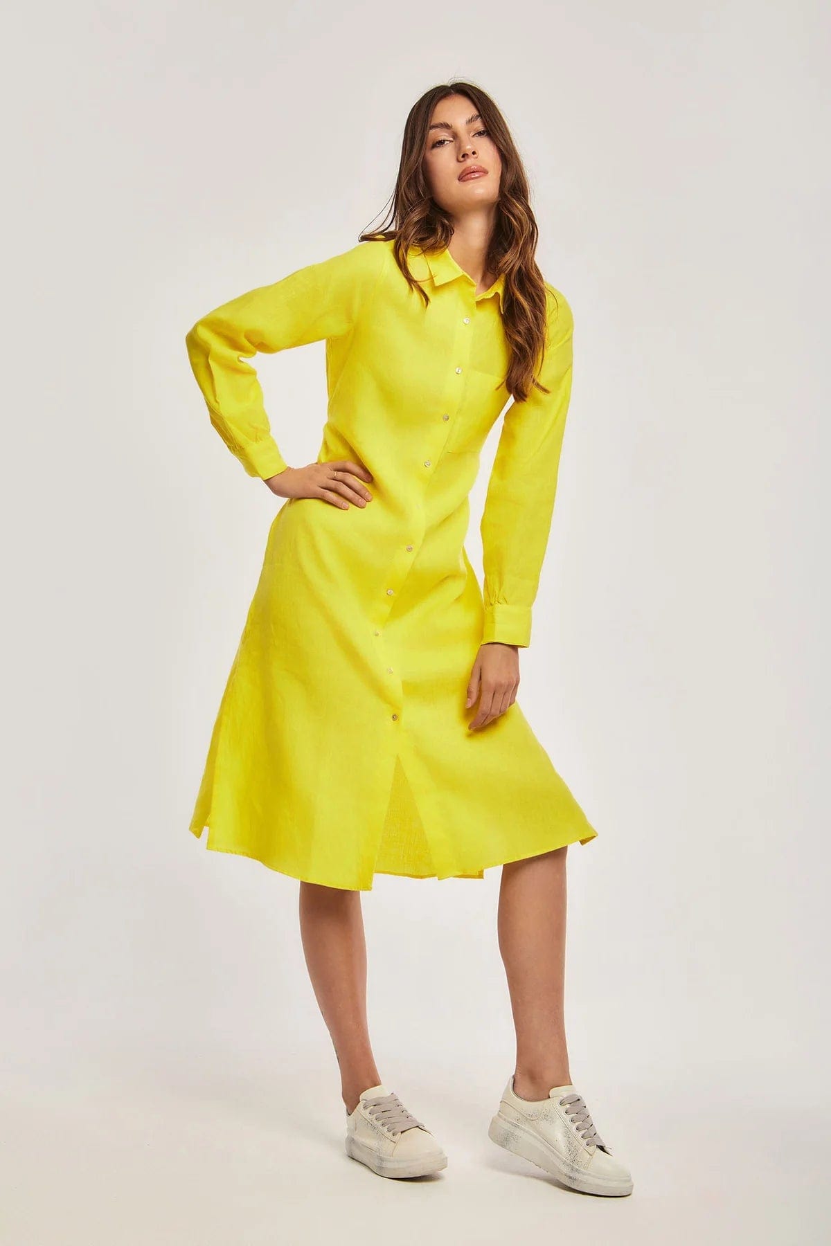 داليدرس فستان ميدي بأزرار أمامية كم طويل نسائي